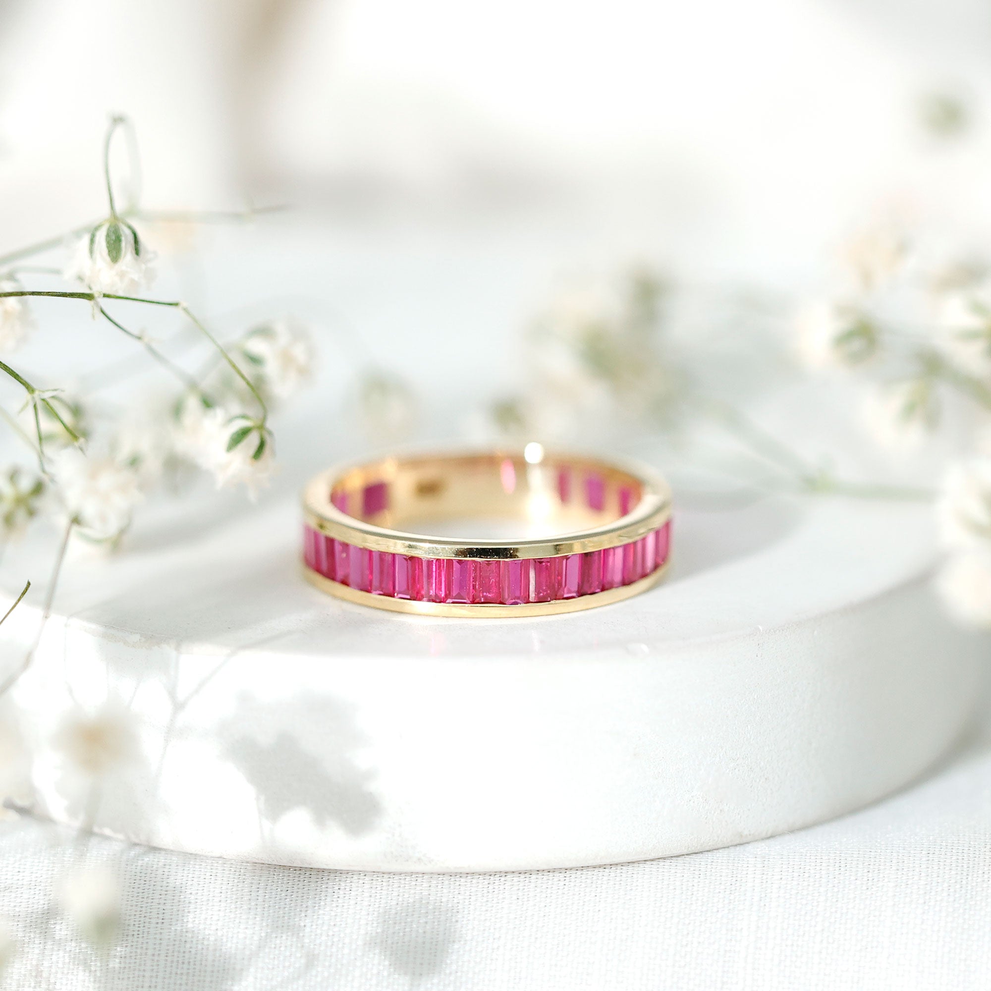Baguette Shape Lab Grown Ruby Channel Set Eternity Band Ring