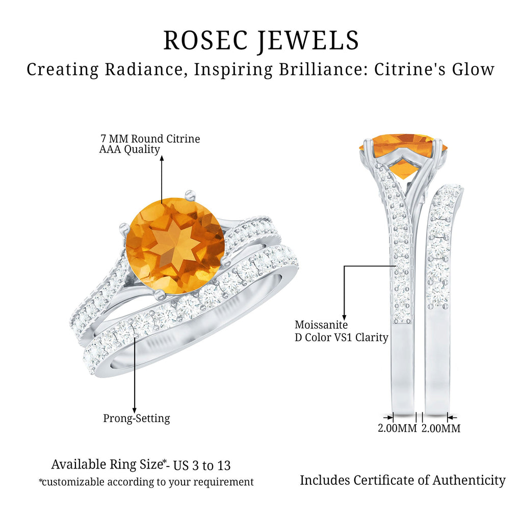 Certified Real Citrine Engagement Ring with Moissanite Wedding Band