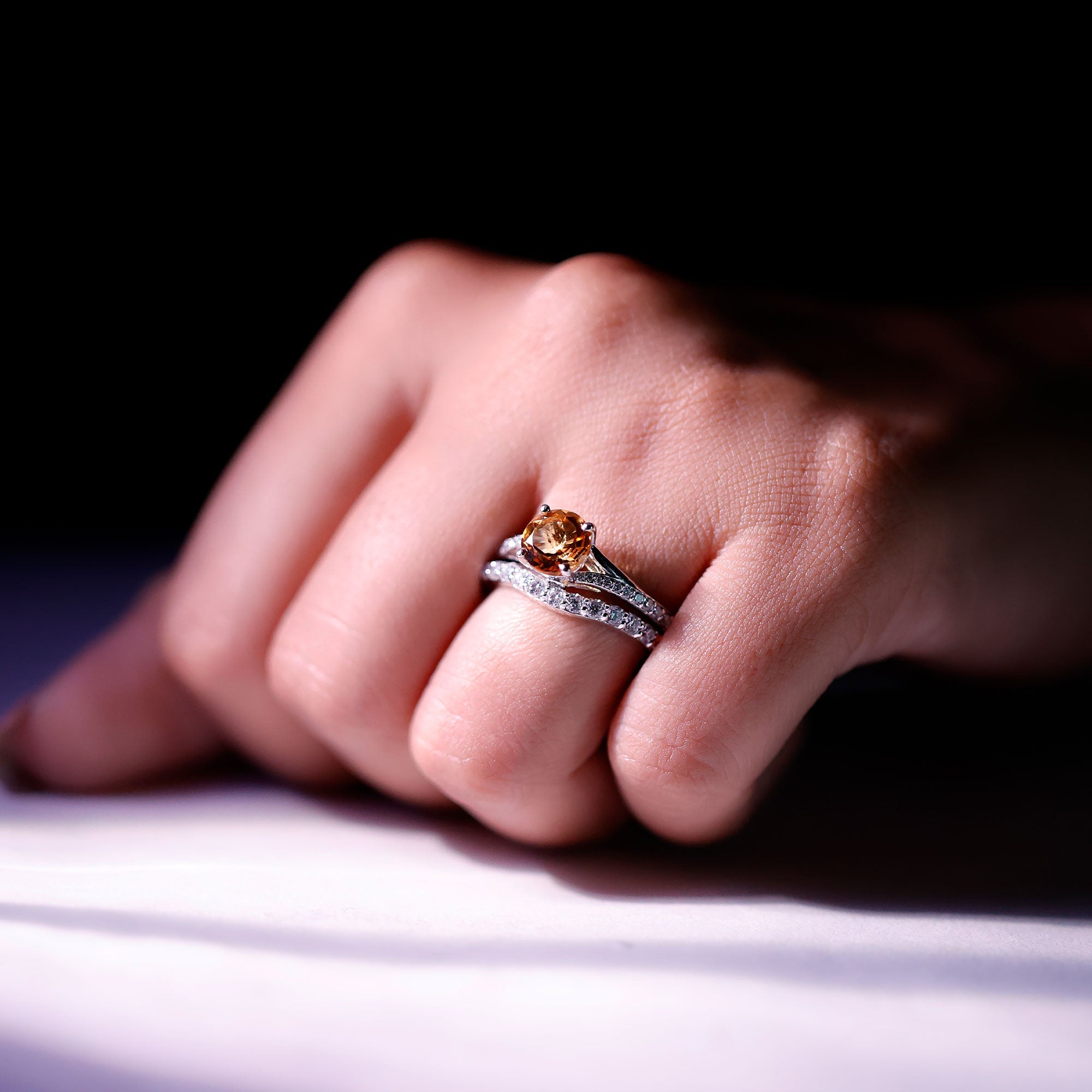 Certified Real Citrine Engagement Ring with Moissanite Wedding Band