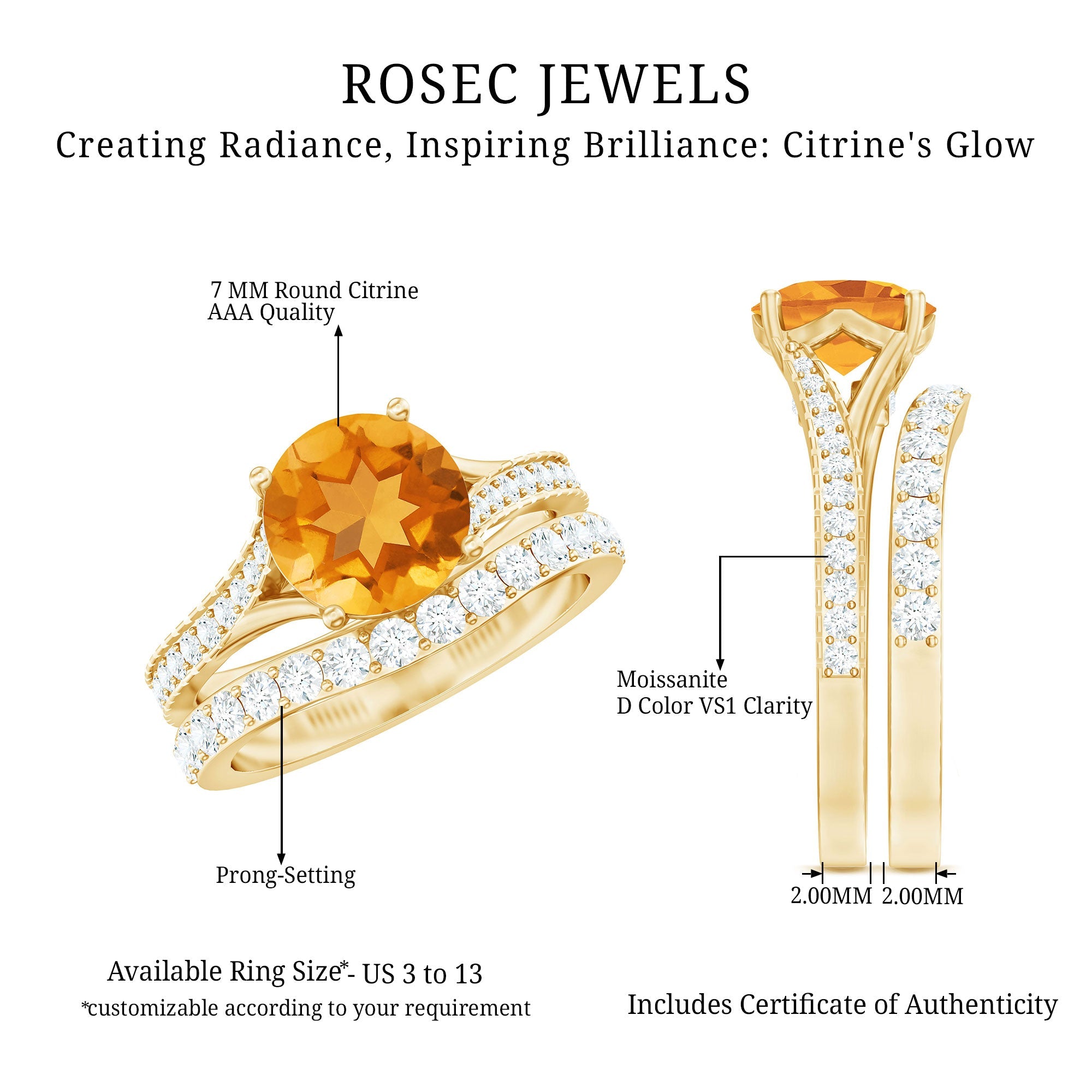 Certified Real Citrine Engagement Ring with Moissanite Wedding Band