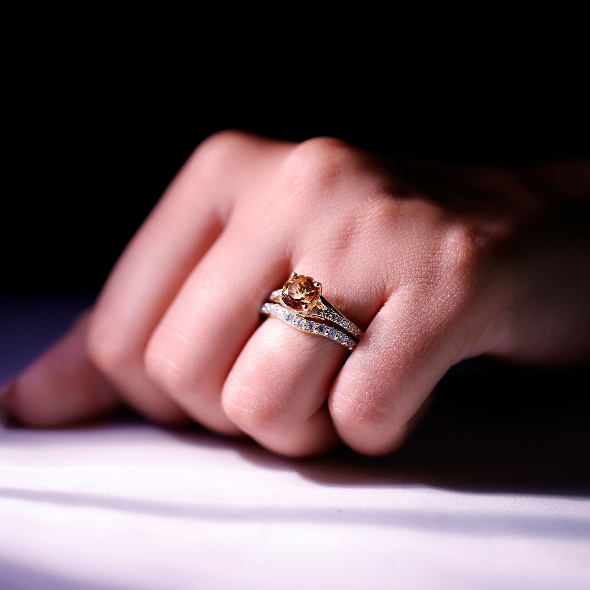 Certified Real Citrine Engagement Ring with Moissanite Wedding Band