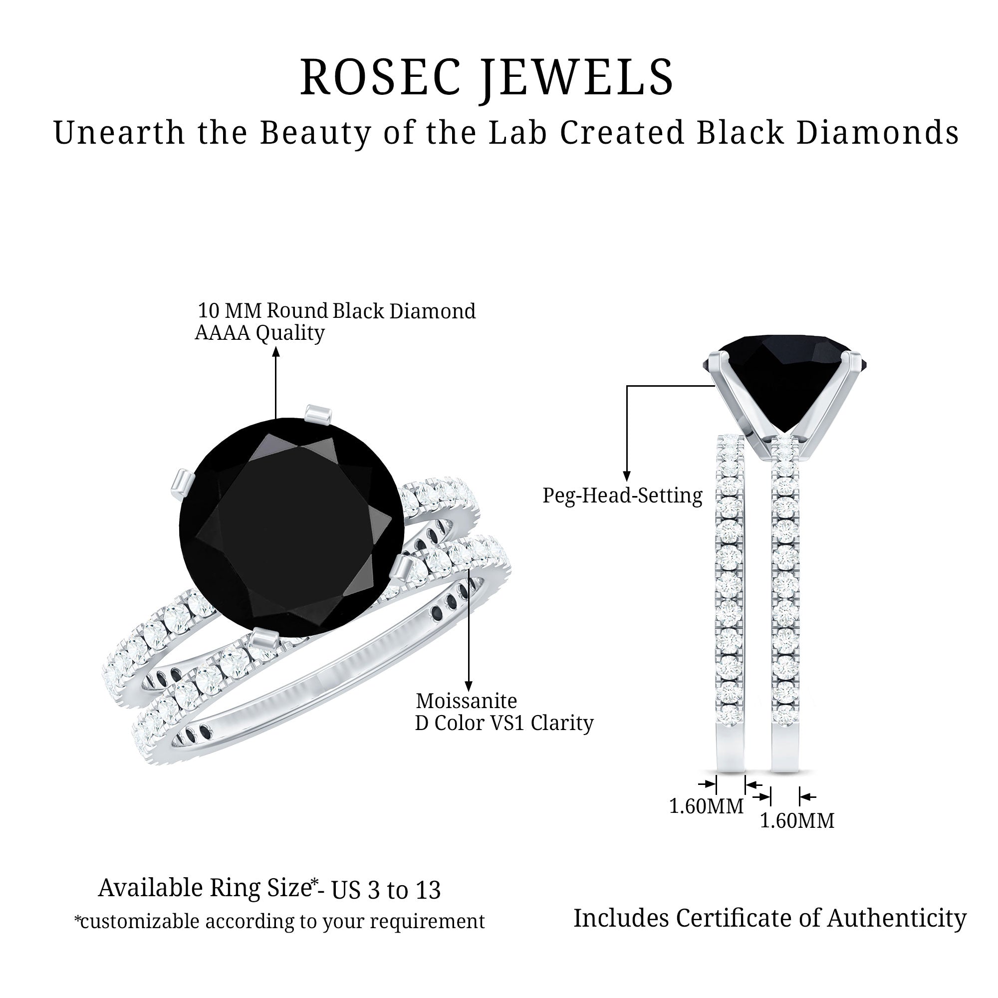 Lab Created Black Diamond Stackable Ring Set with Moissanite