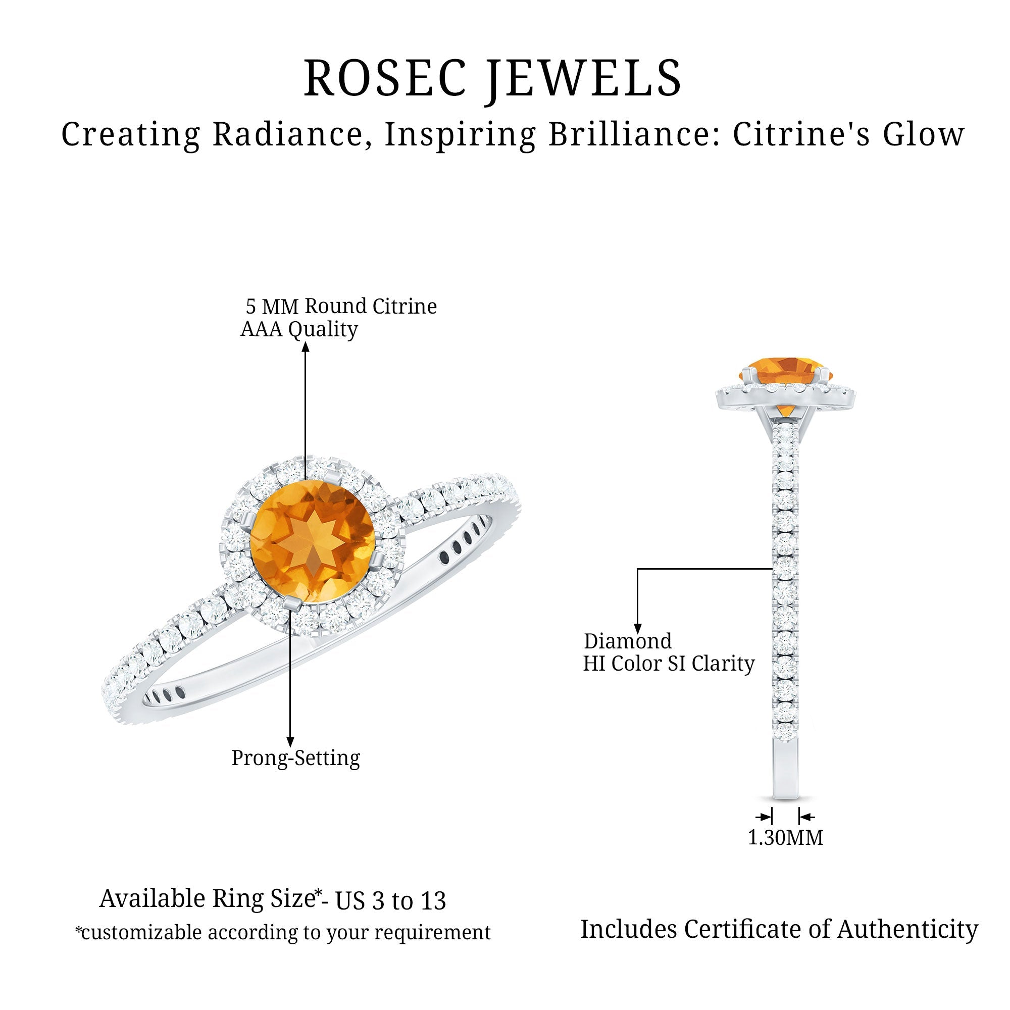 Round Cut Citrine and Diamond Classic Engagement Ring