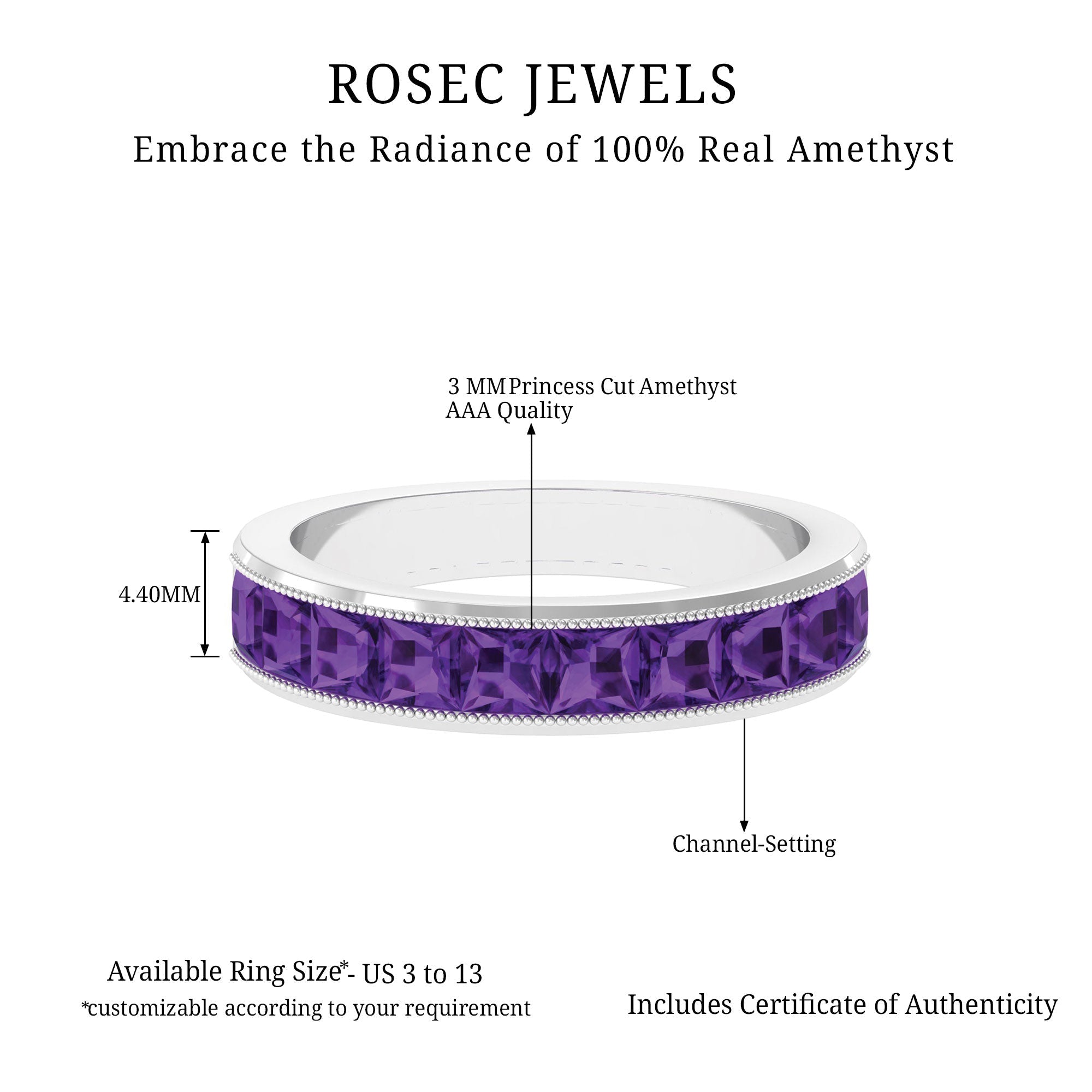 Princess Cut Amethyst Half Eternity Band Ring with Beads