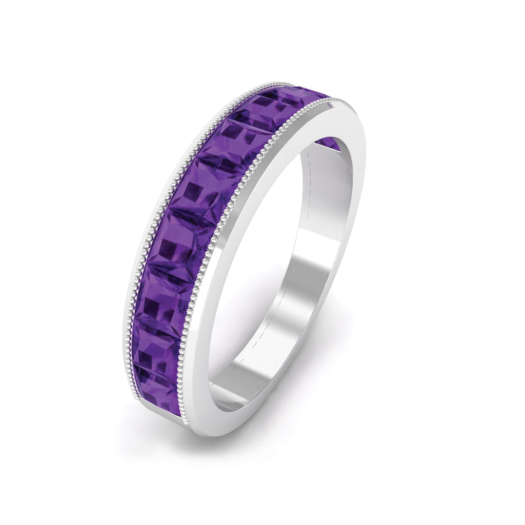 Princess Cut Amethyst Half Eternity Band Ring with Beads