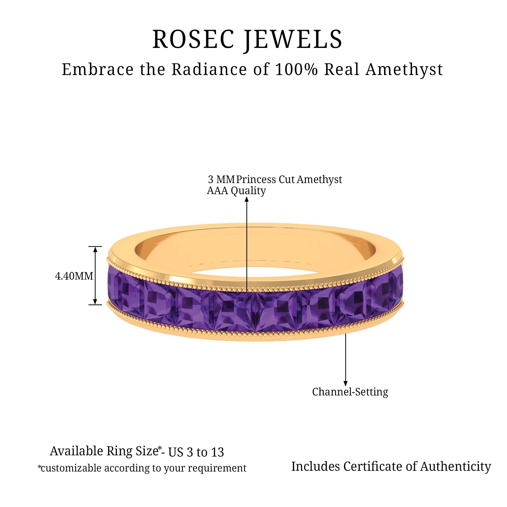 Princess Cut Amethyst Half Eternity Band Ring with Beads