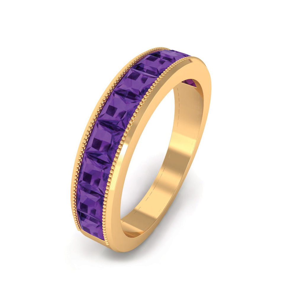 Princess Cut Amethyst Half Eternity Band Ring with Beads