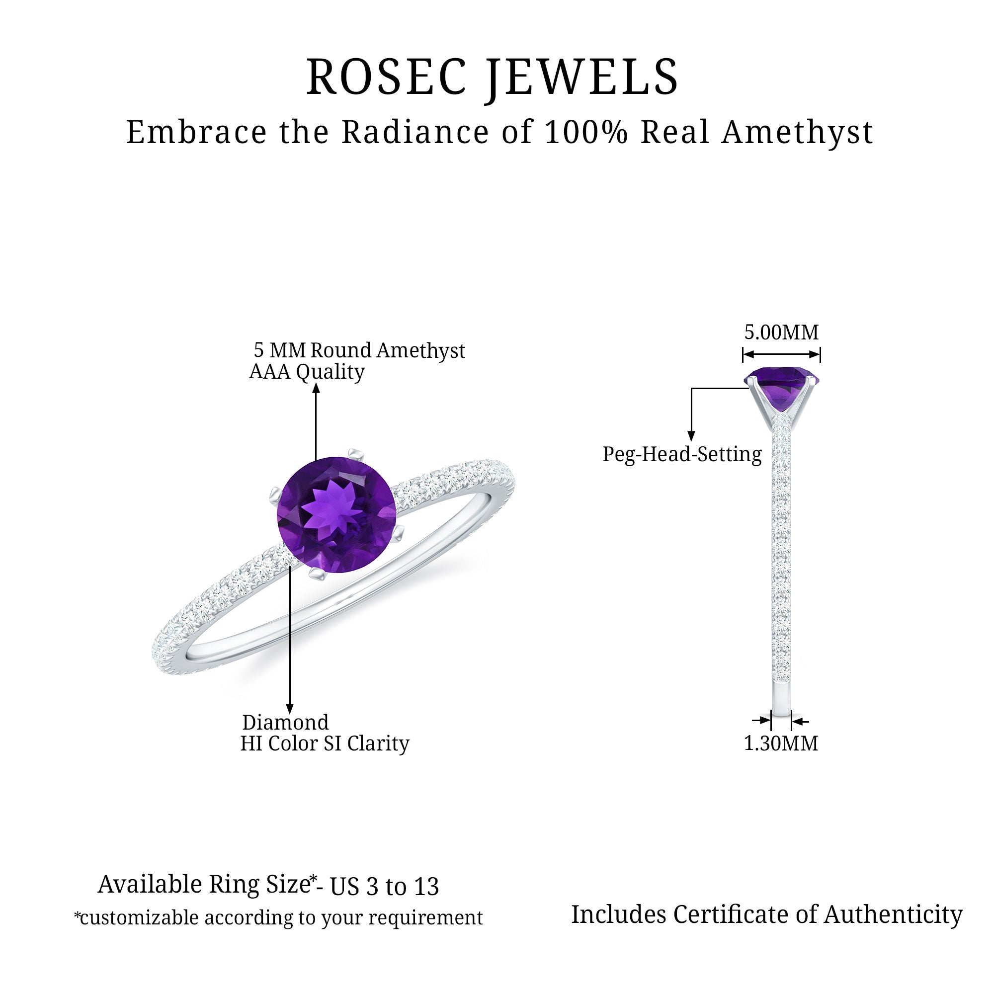 3/4 CT Amethyst Solitaire Ring with Diamond Side Stones