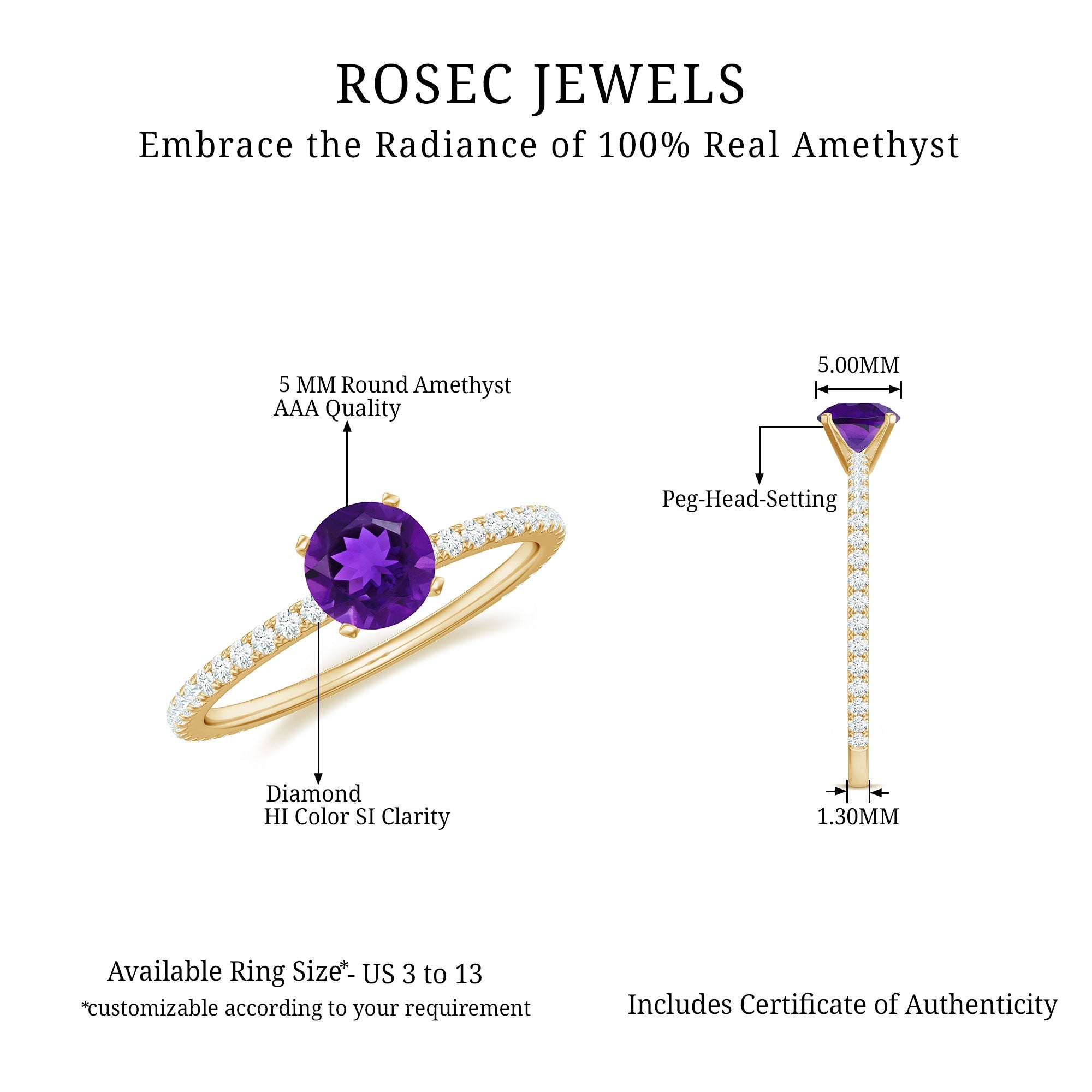 3/4 CT Amethyst Solitaire Ring with Diamond Side Stones