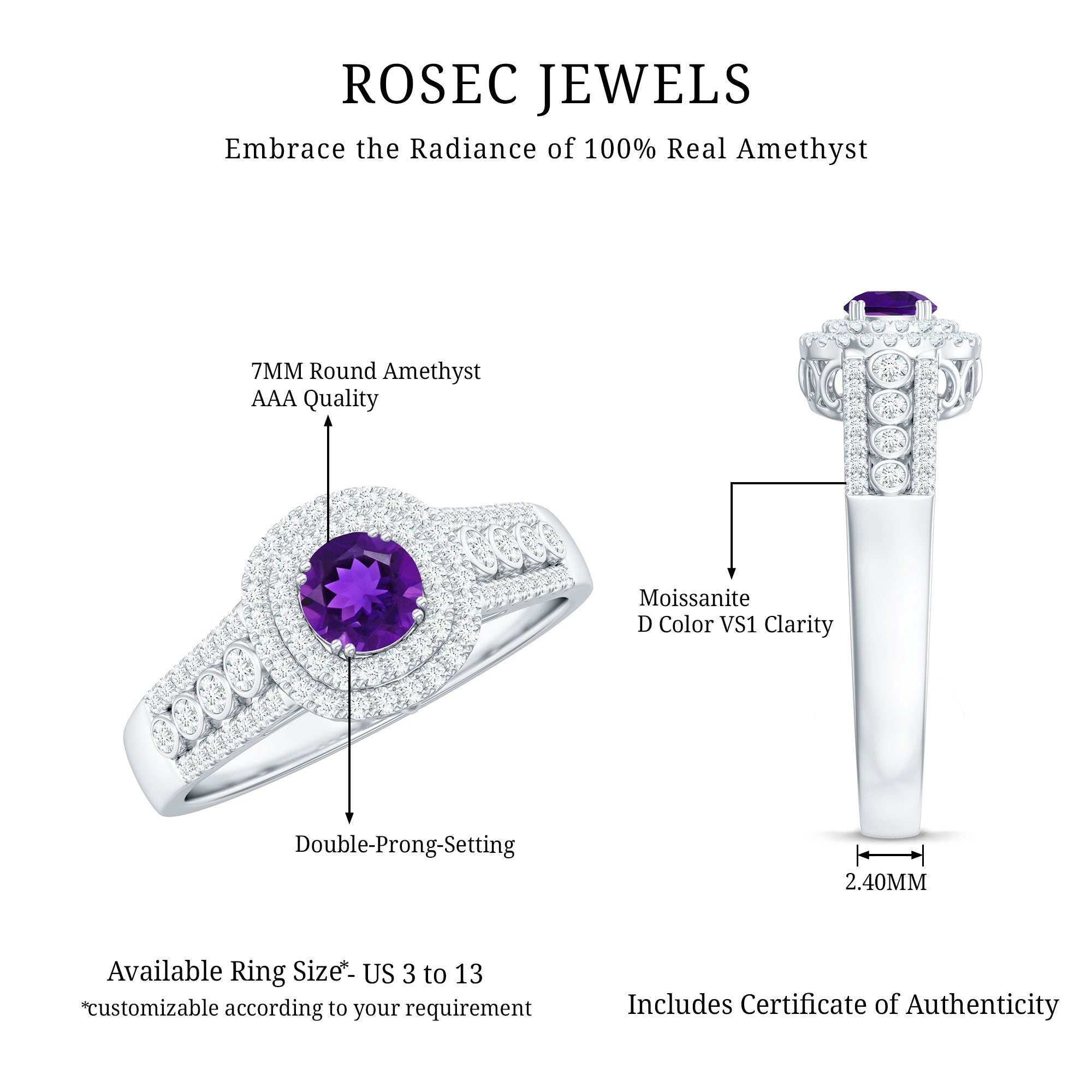 3 CT Amethyst Double Halo Engagement Ring with Moissanite