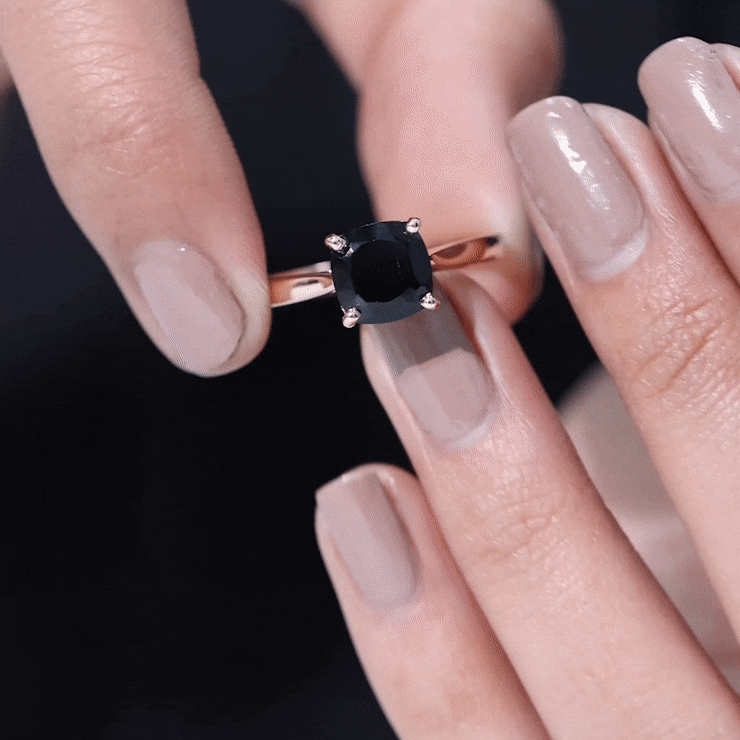 8MM Cushion Cut Black Onyx Solitaire Engagement Ring