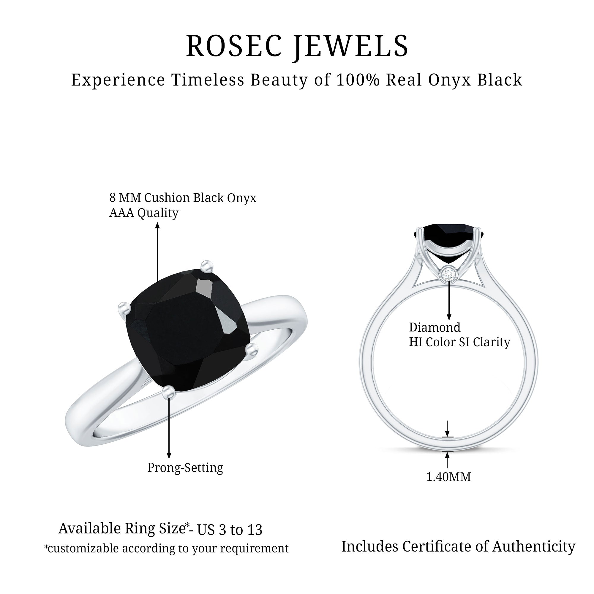 8MM Cushion Cut Black Onyx Solitaire Engagement Ring