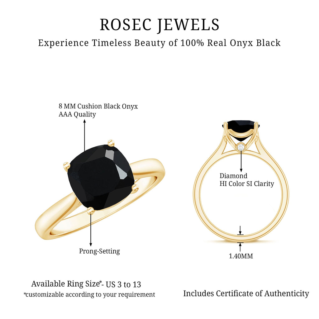 8MM Cushion Cut Black Onyx Solitaire Engagement Ring