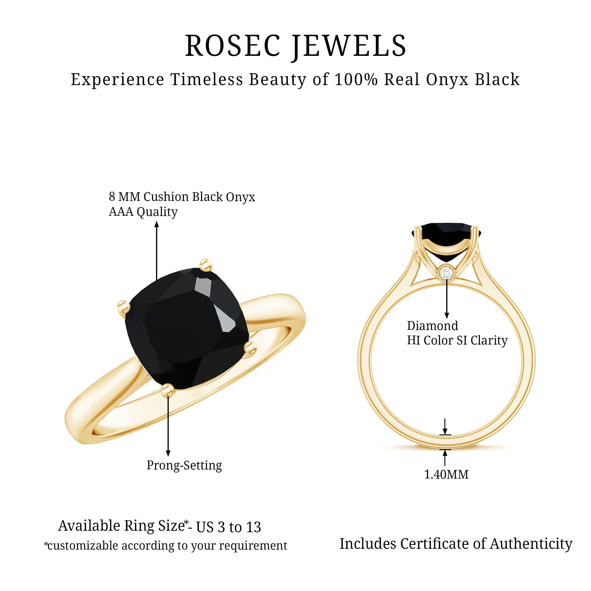 8MM Cushion Cut Black Onyx Solitaire Engagement Ring