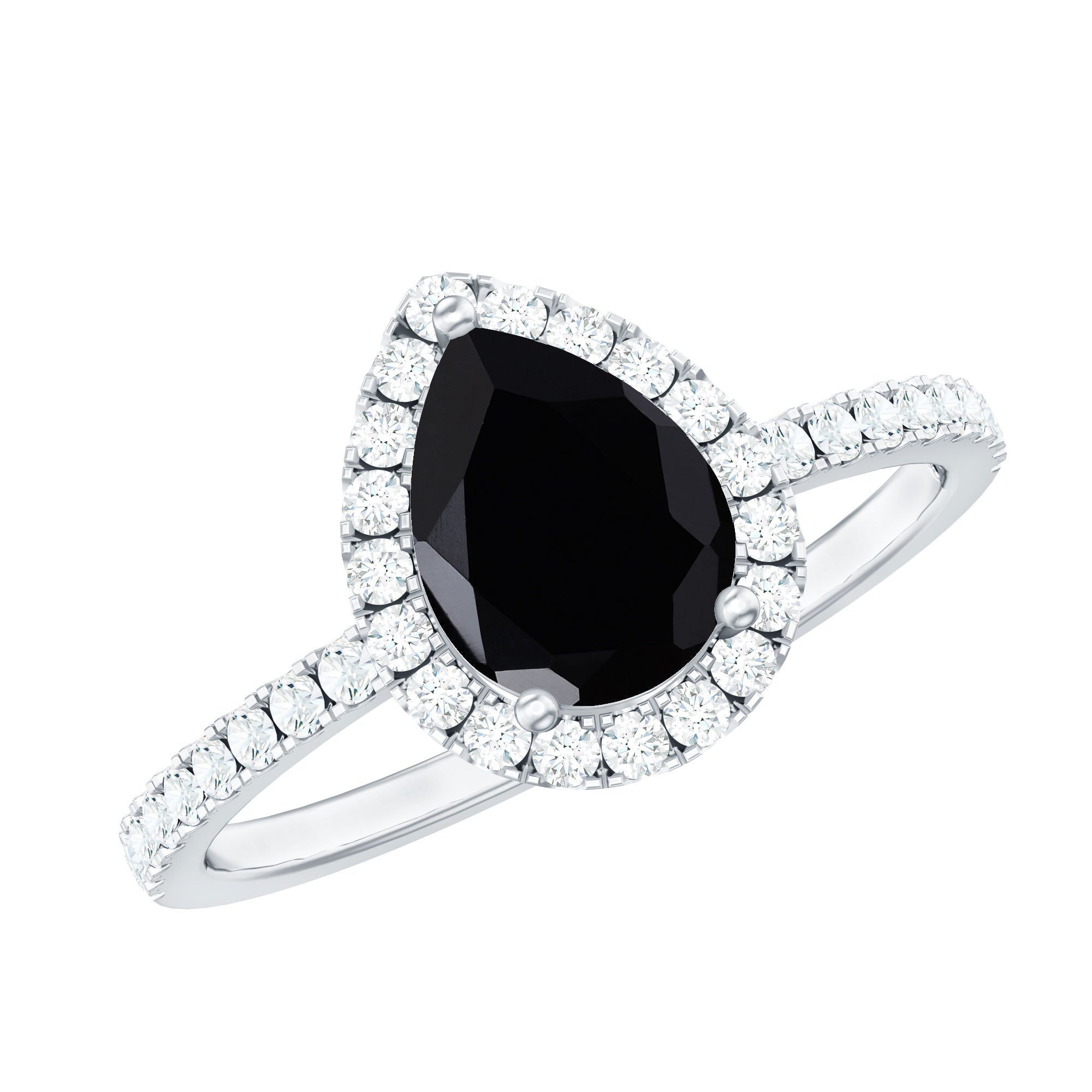 Natural Black Spinel Pear Shaped Engagement Ring with Diamond Halo