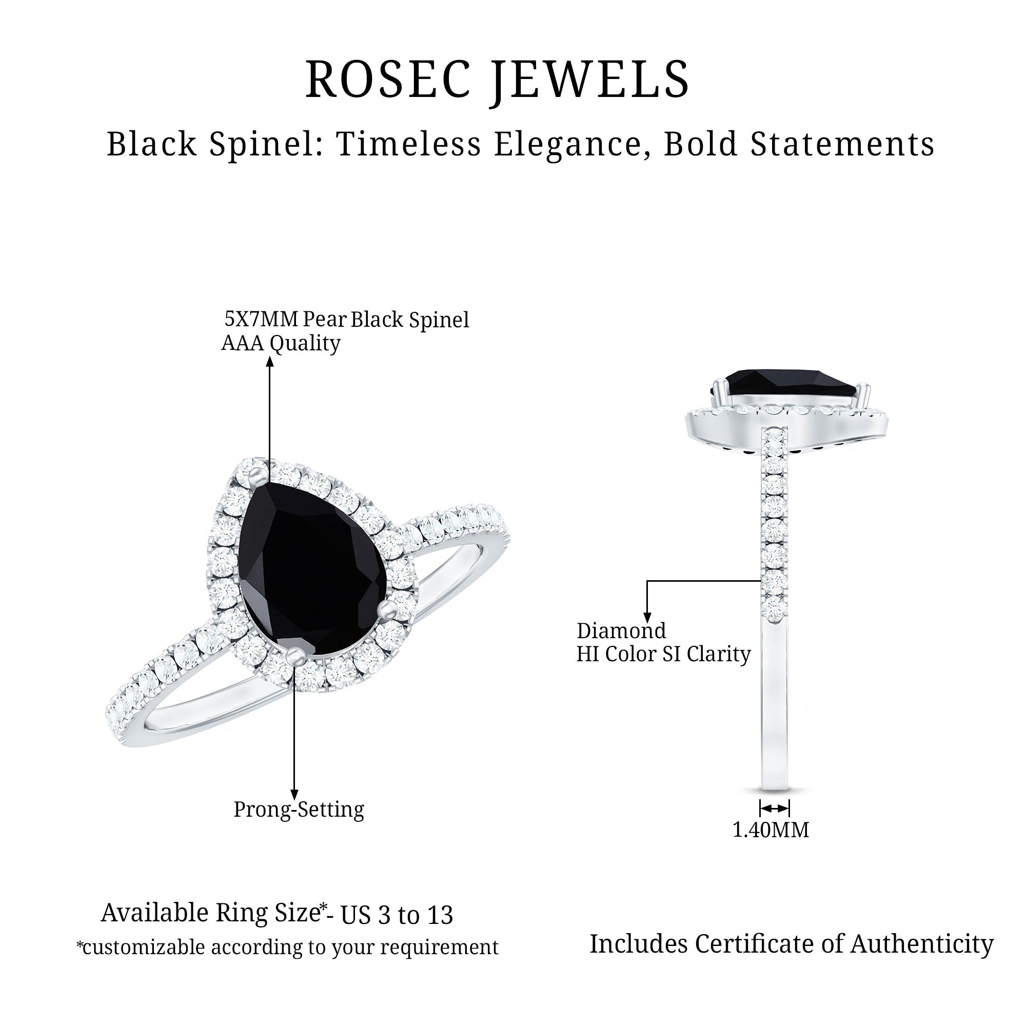 Natural Black Spinel Pear Shaped Engagement Ring with Diamond Halo