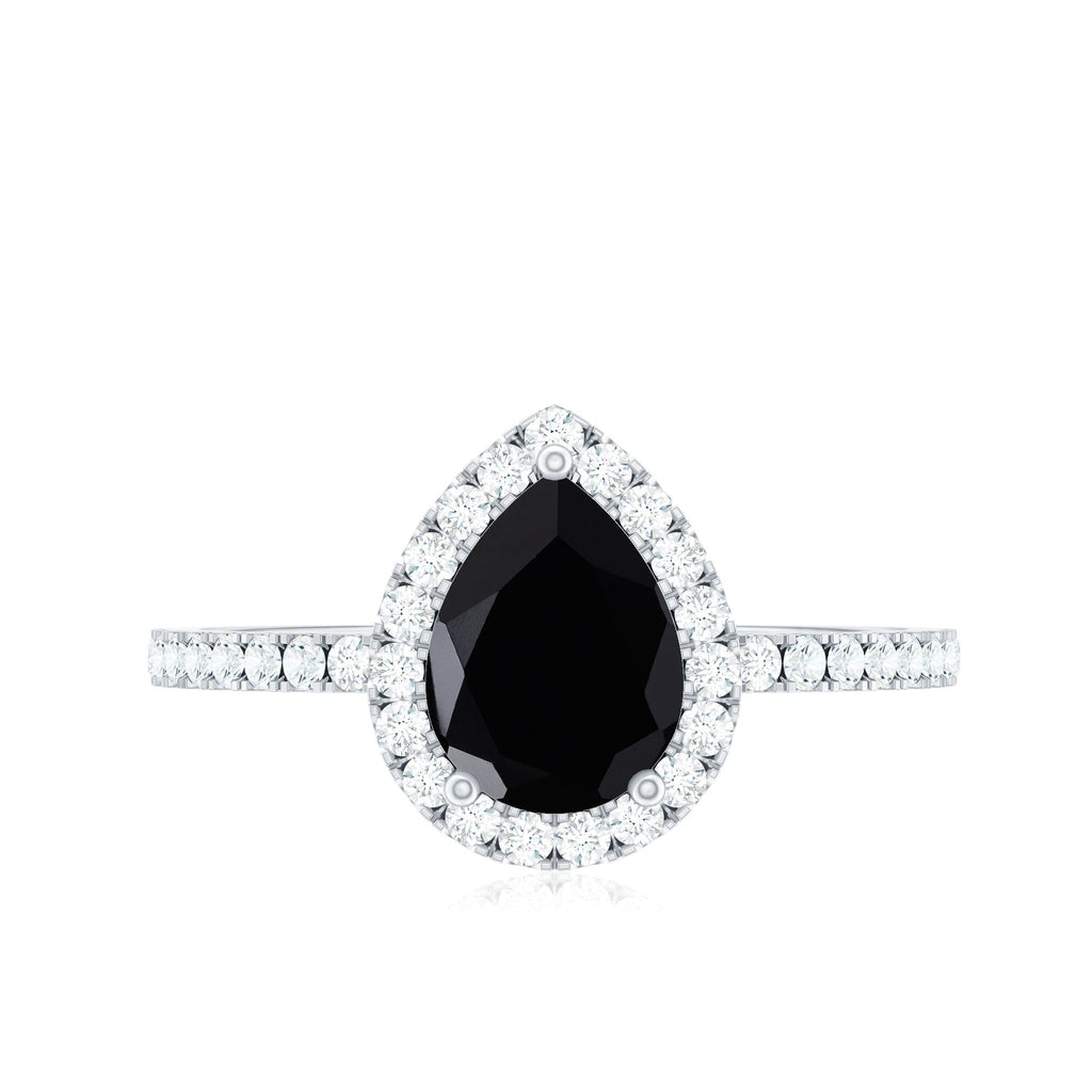 Natural Black Spinel Pear Shaped Engagement Ring with Diamond Halo