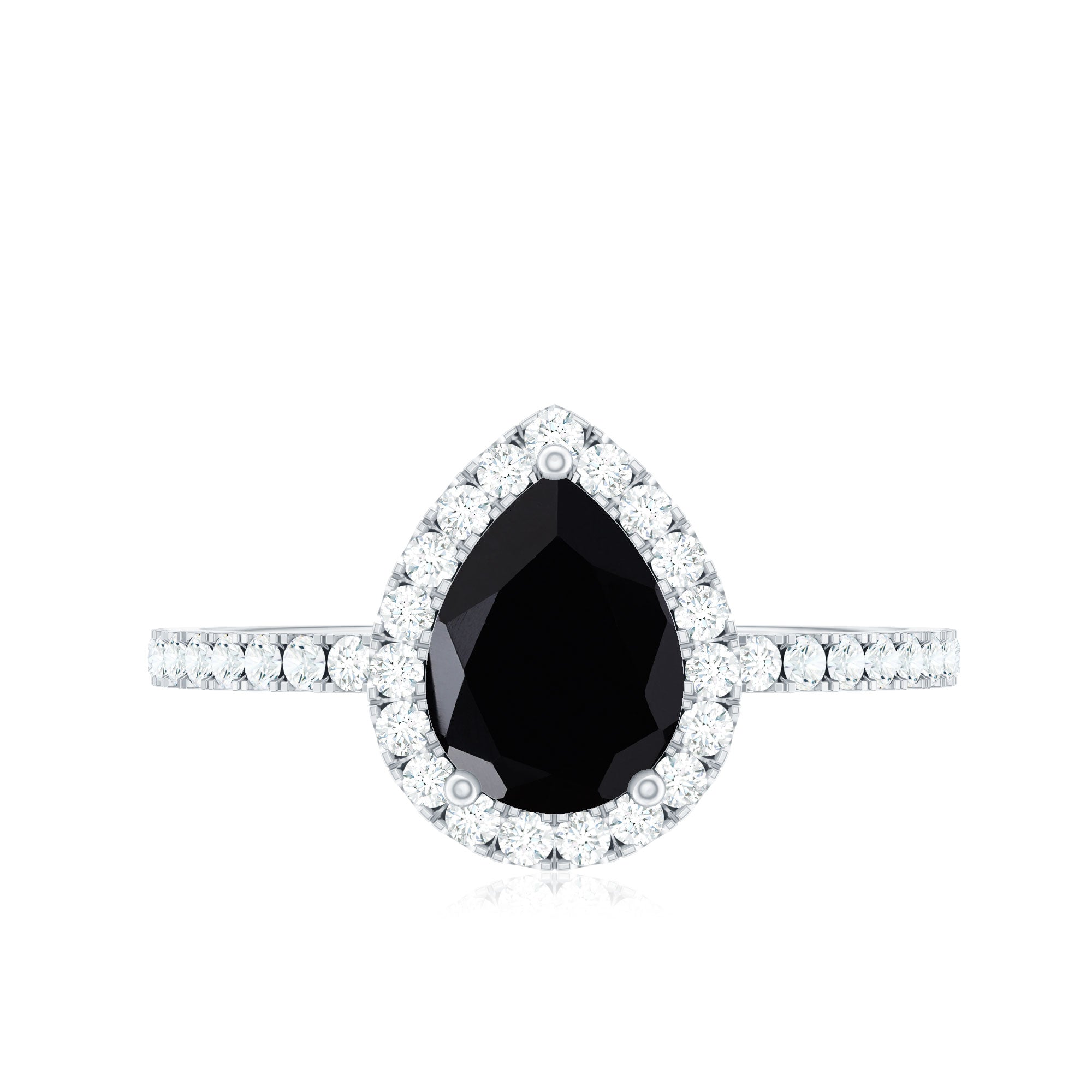 Natural Black Spinel Pear Shaped Engagement Ring with Diamond Halo