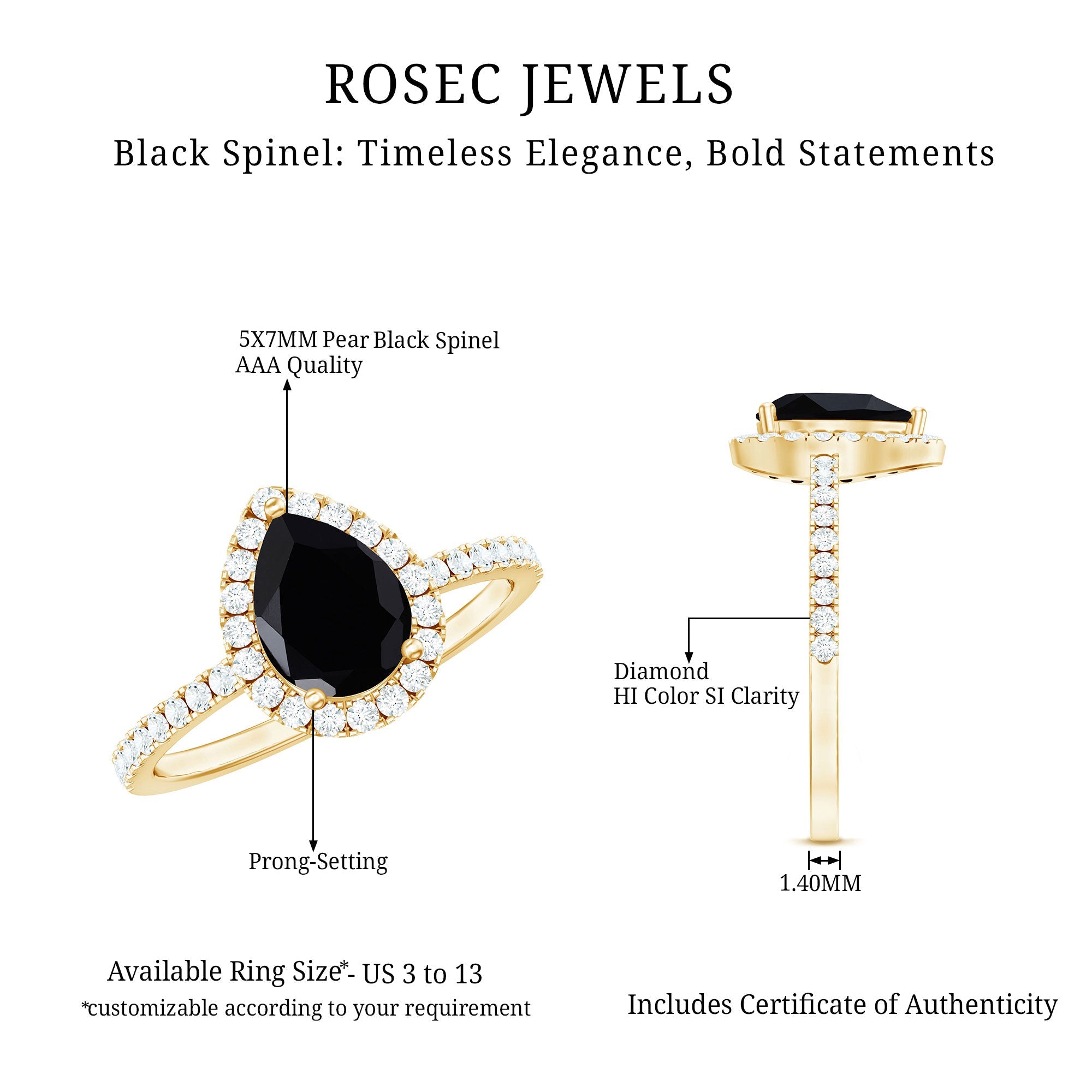Natural Black Spinel Pear Shaped Engagement Ring with Diamond Halo