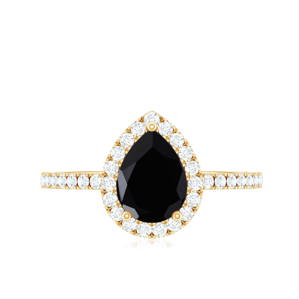 Natural Black Spinel Pear Shaped Engagement Ring with Diamond Halo
