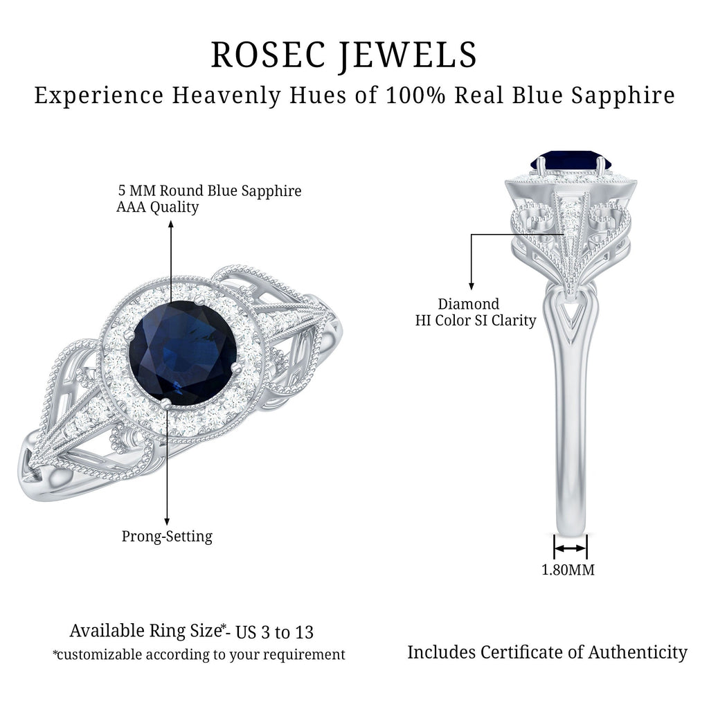 1.25 CT Blue Sapphire Solitaire with Diamond Milgrain Engagement Ring