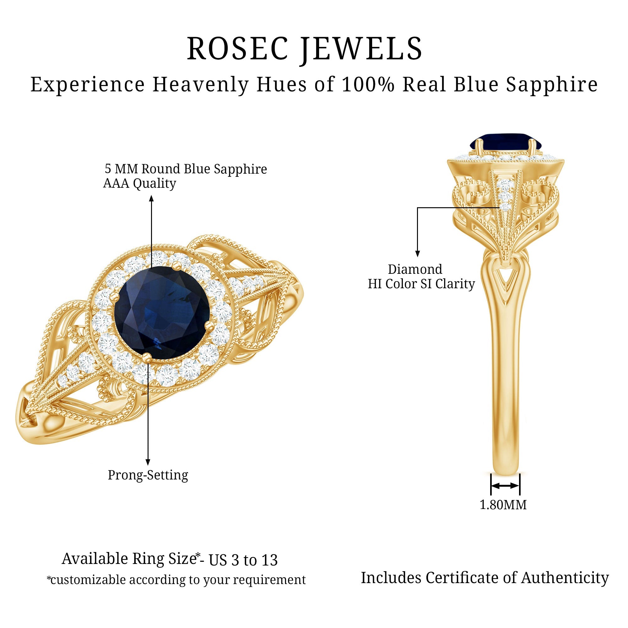 1.25 CT Blue Sapphire Solitaire with Diamond Milgrain Engagement Ring