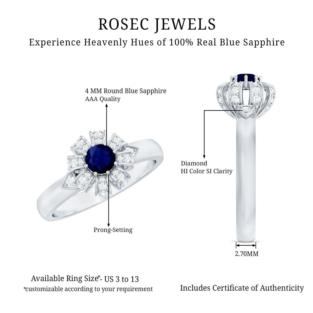 0.75 CT Blue Sapphire Flower Promise Ring with Diamond