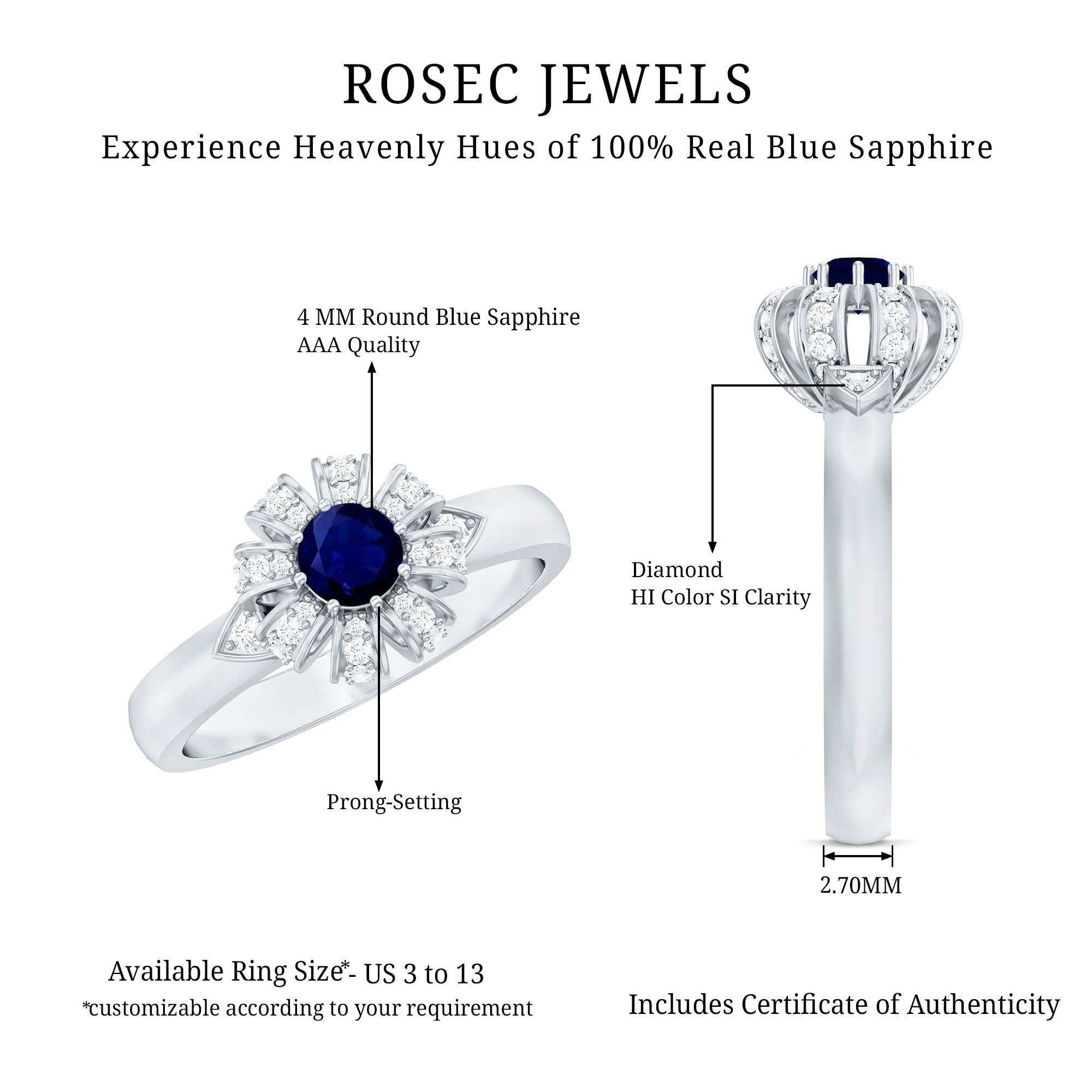 0.75 CT Blue Sapphire Flower Promise Ring with Diamond