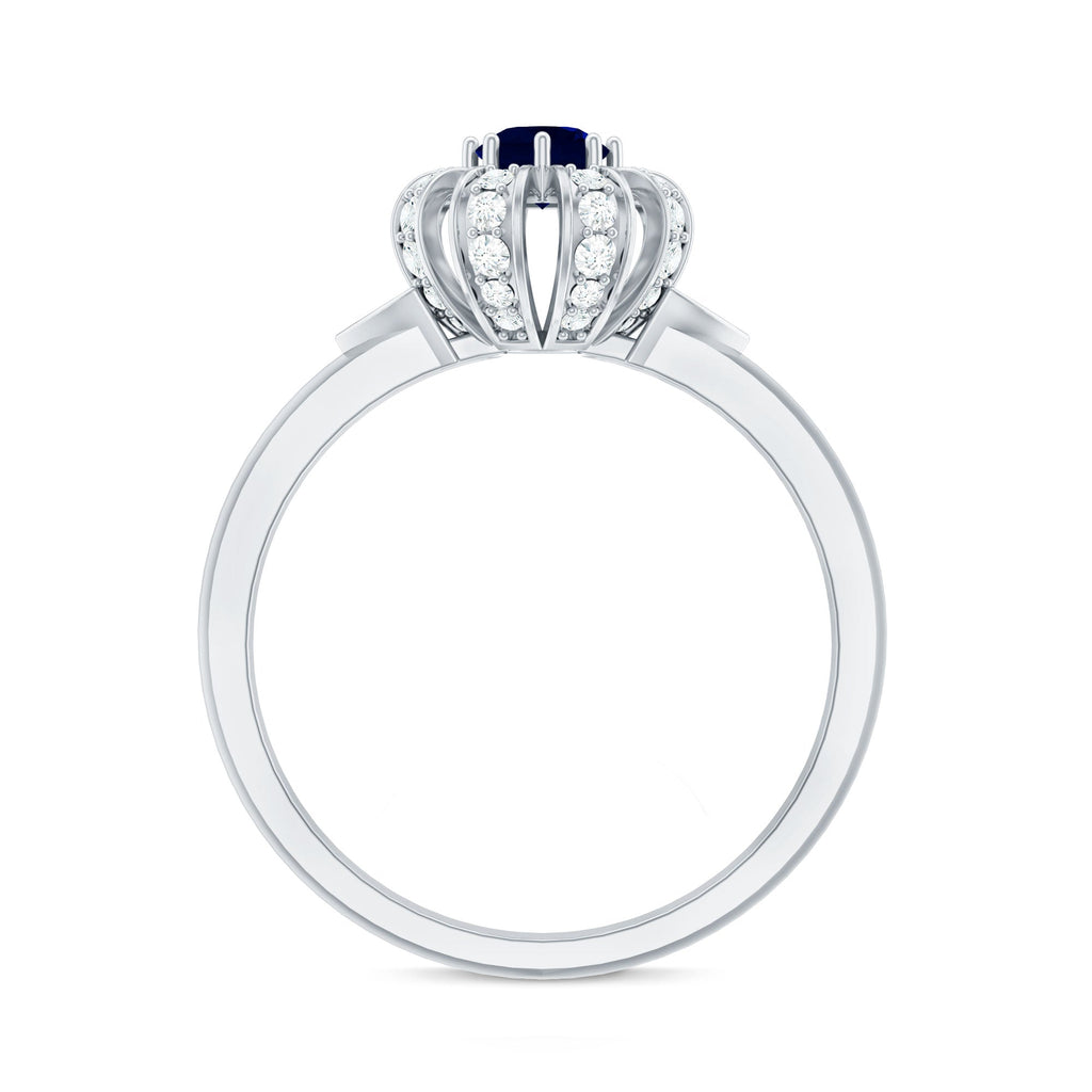 0.75 CT Blue Sapphire Flower Promise Ring with Diamond