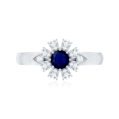0.75 CT Blue Sapphire Flower Promise Ring with Diamond