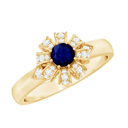 0.75 CT Blue Sapphire Flower Promise Ring with Diamond
