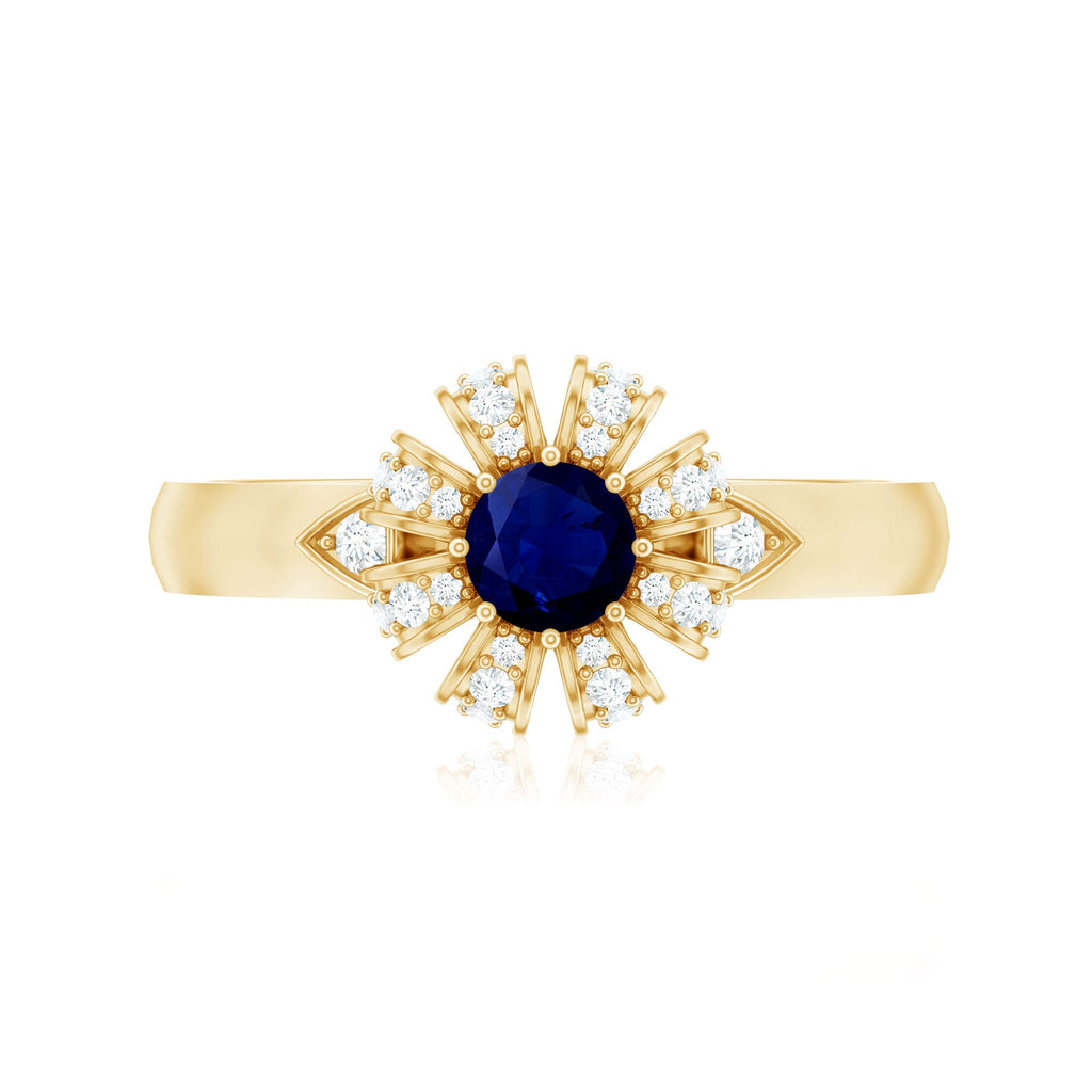 0.75 CT Blue Sapphire Flower Promise Ring with Diamond