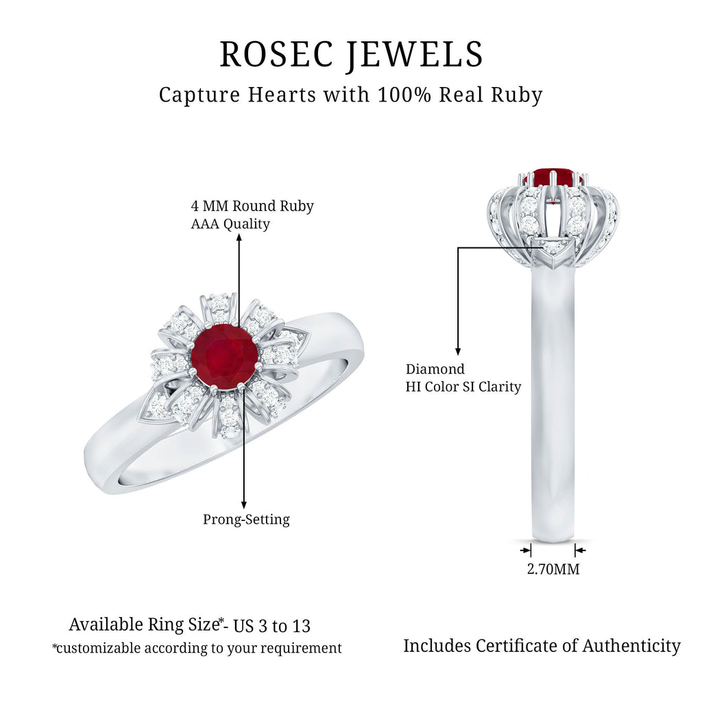 3/4 CT Solitaire Ruby Flower Ring with Diamond Accent