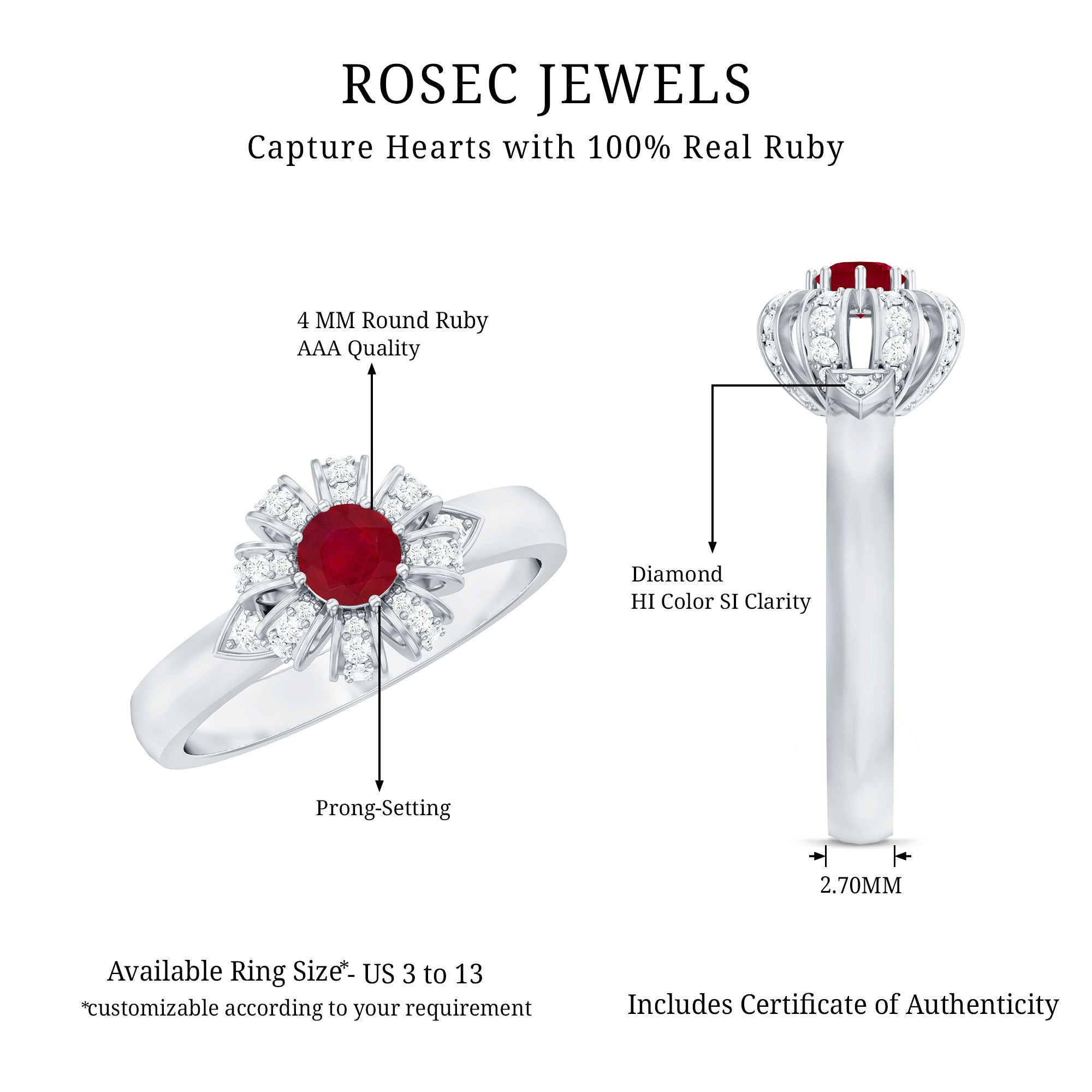 3/4 CT Solitaire Ruby Flower Ring with Diamond Accent