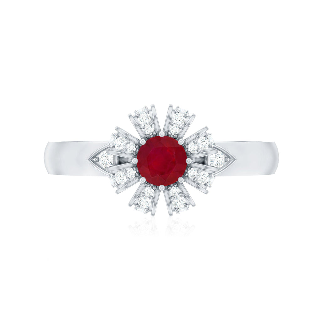 3/4 CT Solitaire Ruby Flower Ring with Diamond Accent