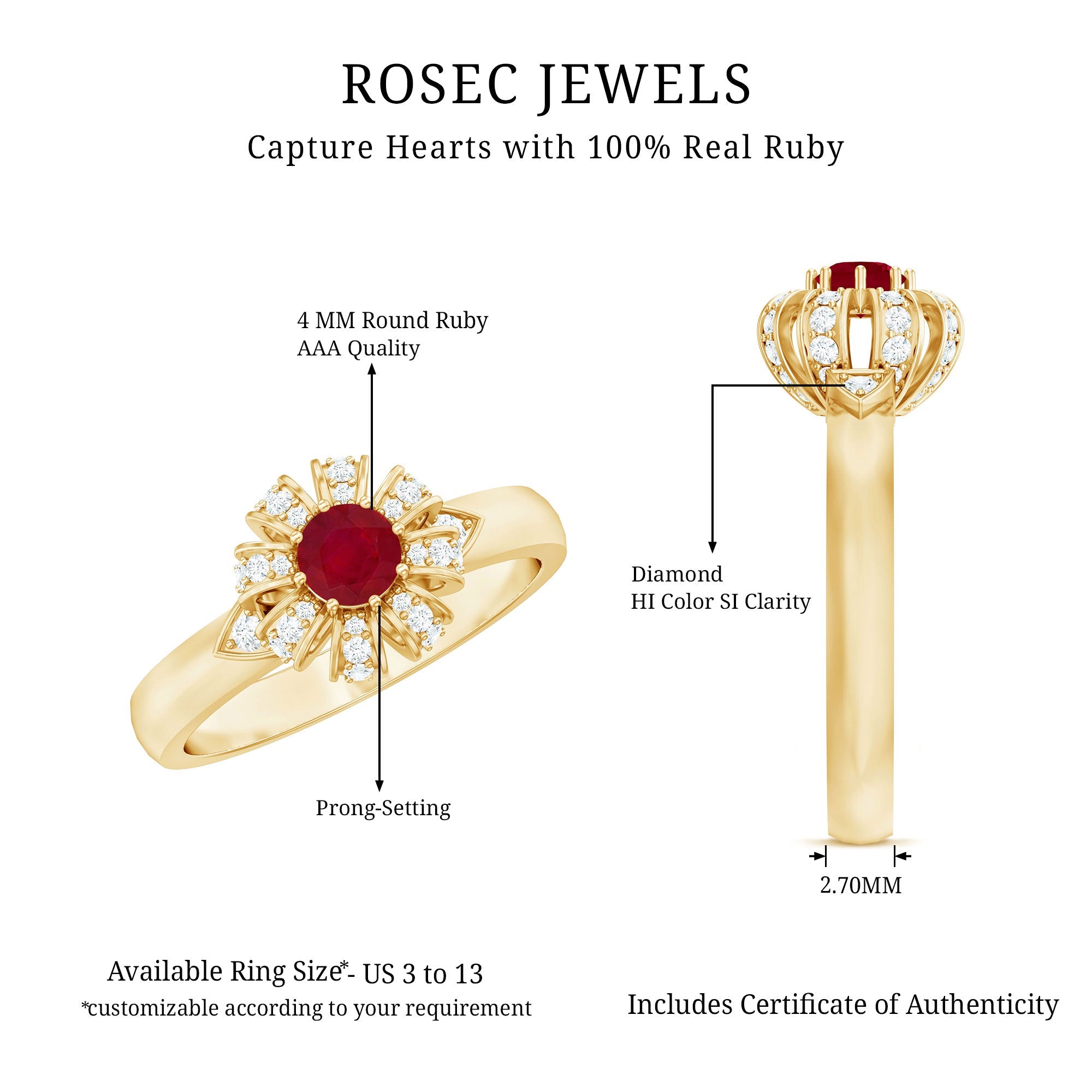3/4 CT Solitaire Ruby Flower Ring with Diamond Accent
