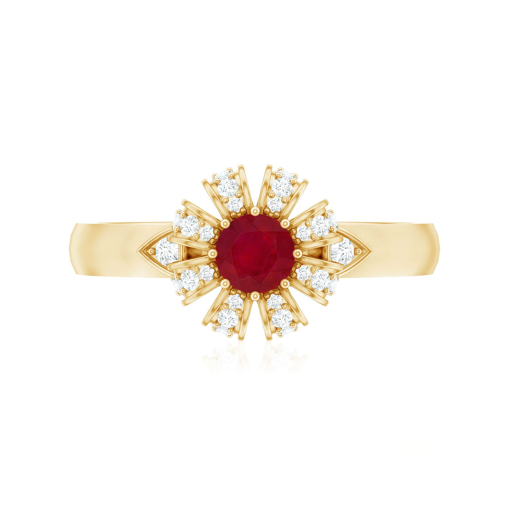 3/4 CT Solitaire Ruby Flower Ring with Diamond Accent