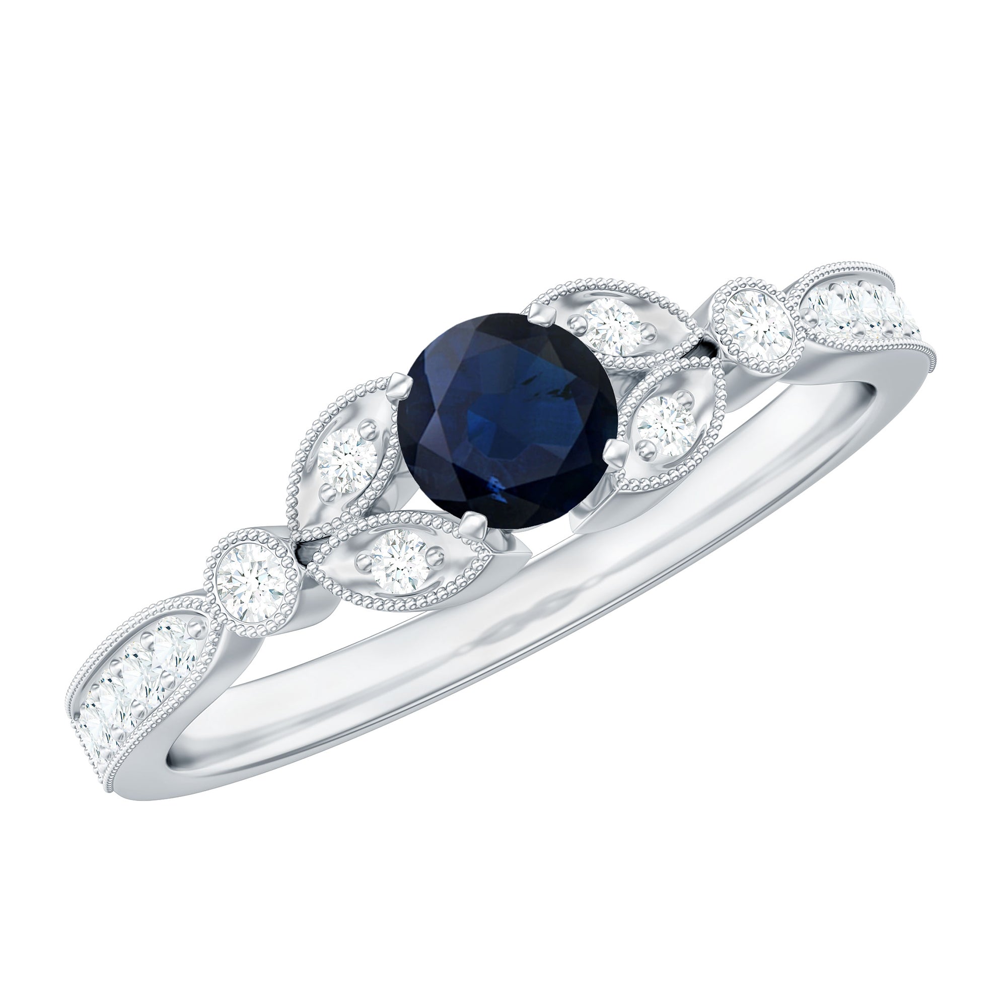 3/4 CT Vintage Inspired Blue Sapphire and Diamond Engagement Ring with Milgrain Details