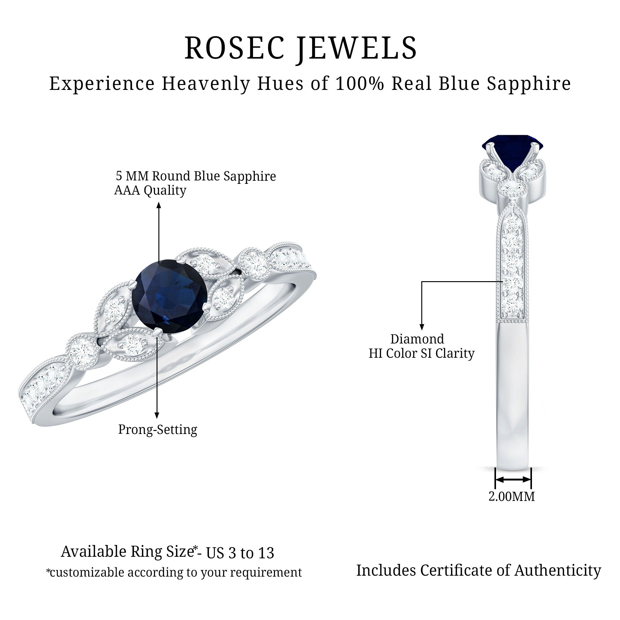 3/4 CT Vintage Inspired Blue Sapphire and Diamond Engagement Ring with Milgrain Details