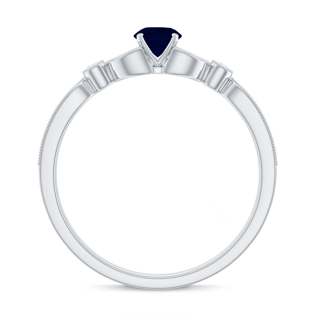 3/4 CT Vintage Inspired Blue Sapphire and Diamond Engagement Ring with Milgrain Details