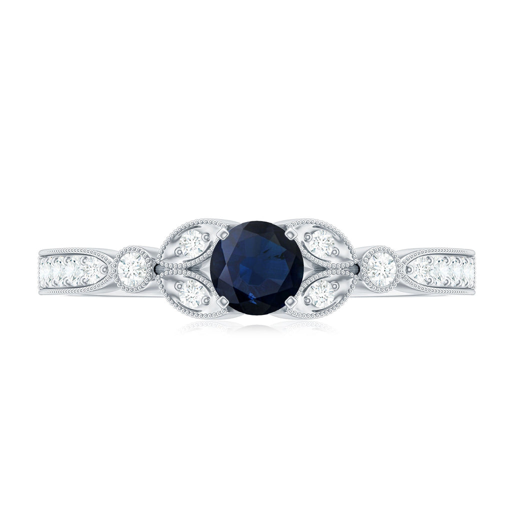 3/4 CT Vintage Inspired Blue Sapphire and Diamond Engagement Ring with Milgrain Details
