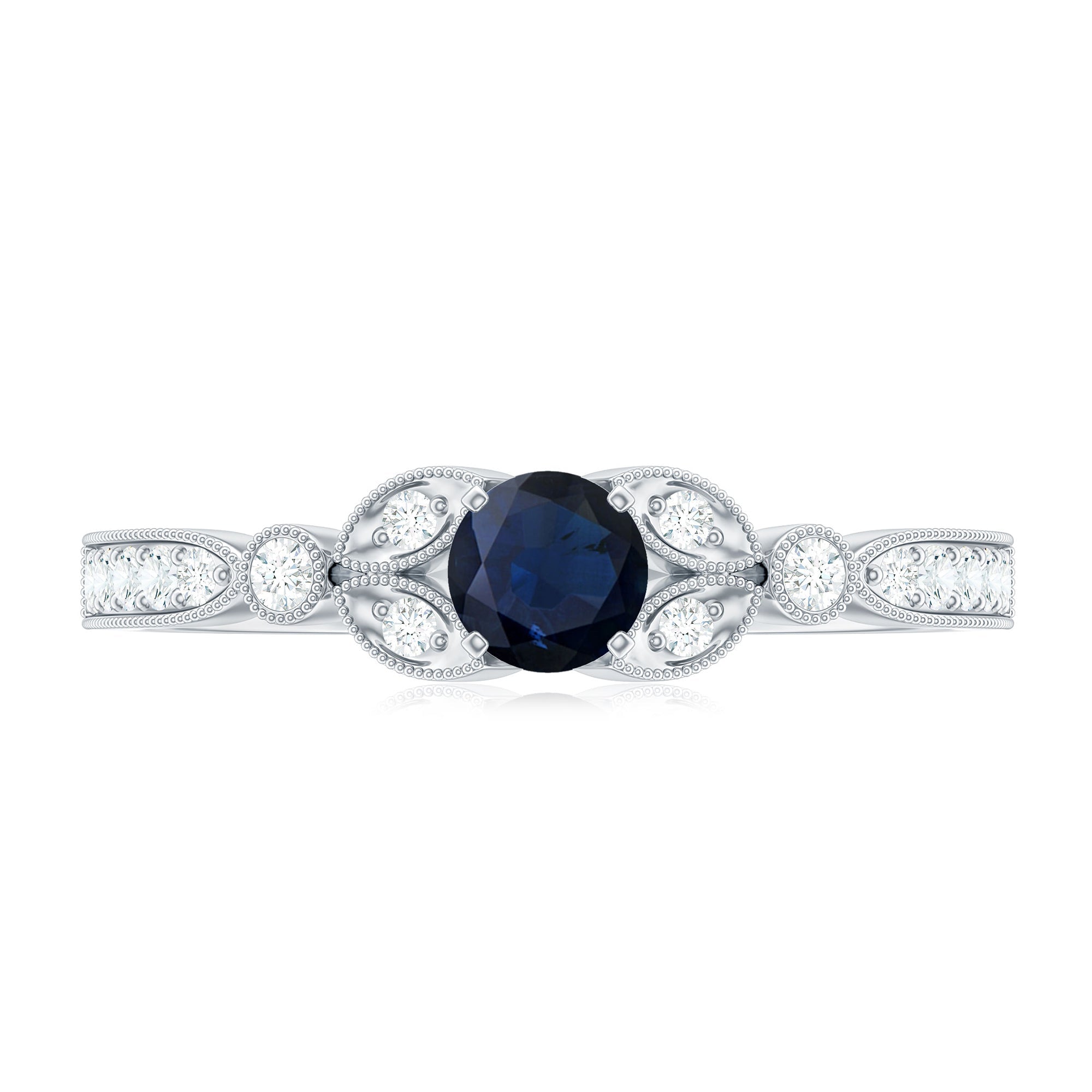 3/4 CT Vintage Inspired Blue Sapphire and Diamond Engagement Ring with Milgrain Details