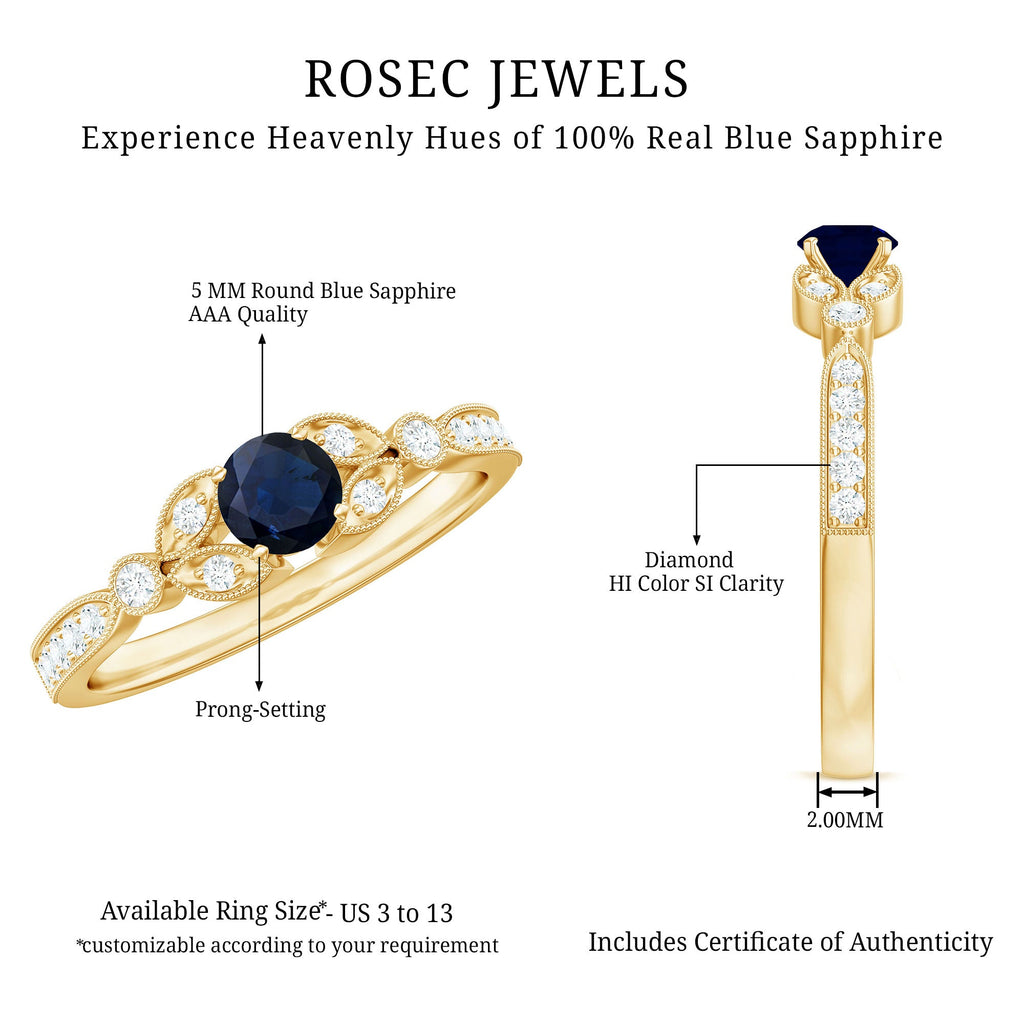 3/4 CT Vintage Inspired Blue Sapphire and Diamond Engagement Ring with Milgrain Details