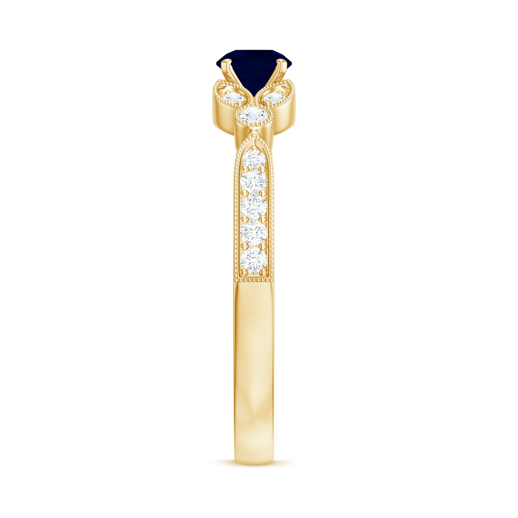 3/4 CT Vintage Inspired Blue Sapphire and Diamond Engagement Ring with Milgrain Details