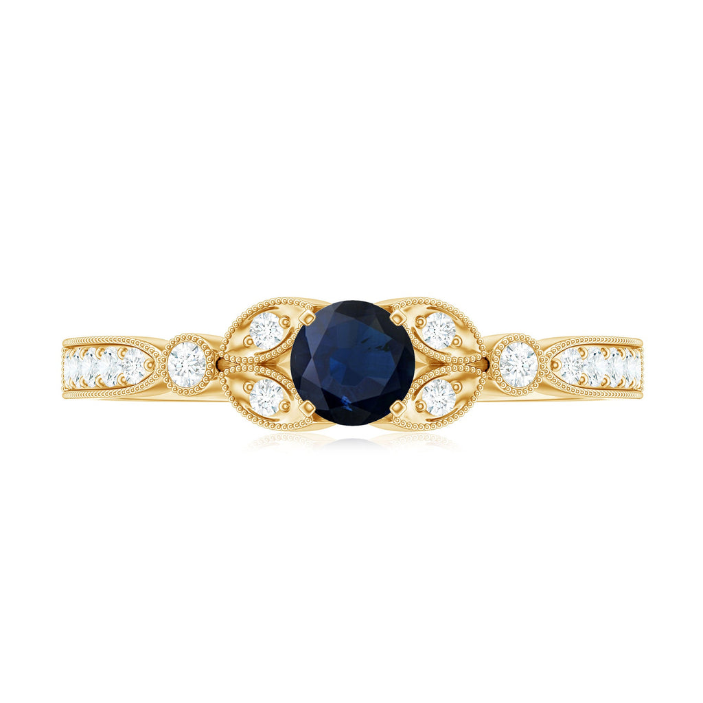 3/4 CT Vintage Inspired Blue Sapphire and Diamond Engagement Ring with Milgrain Details