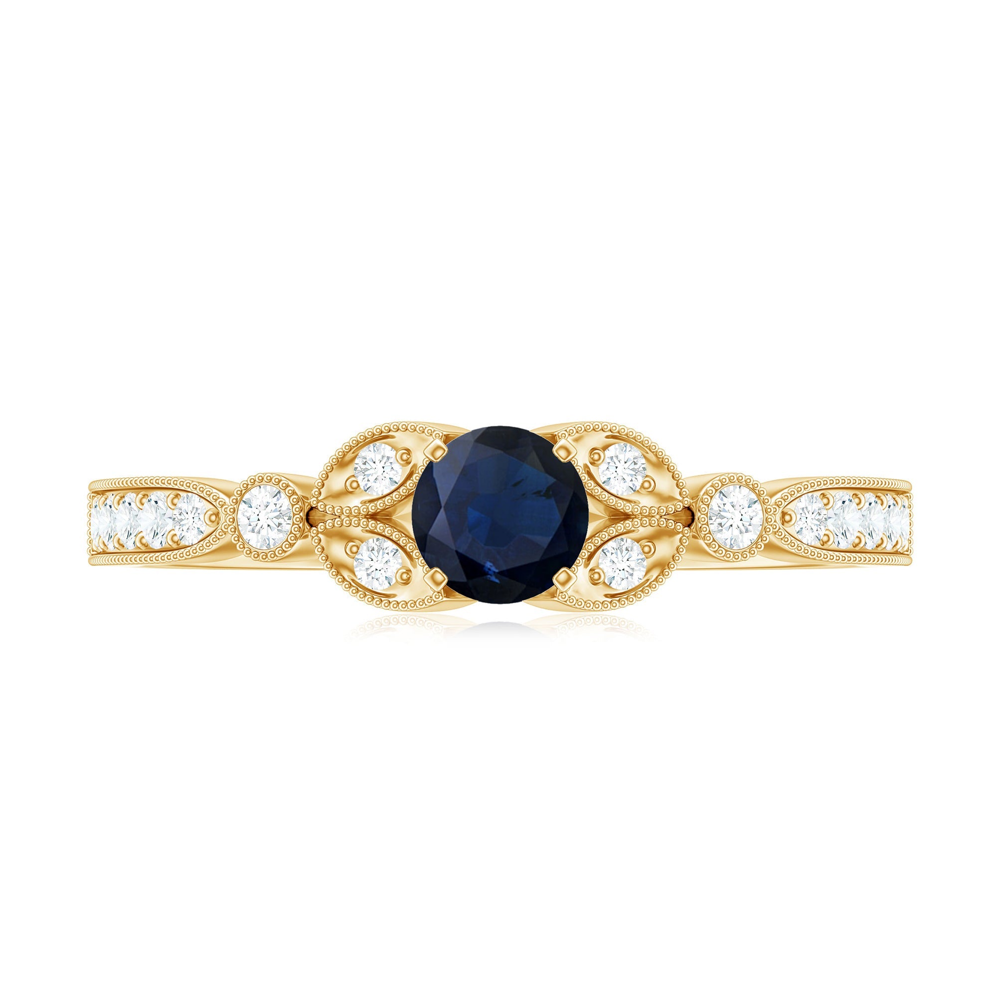 3/4 CT Vintage Inspired Blue Sapphire and Diamond Engagement Ring with Milgrain Details