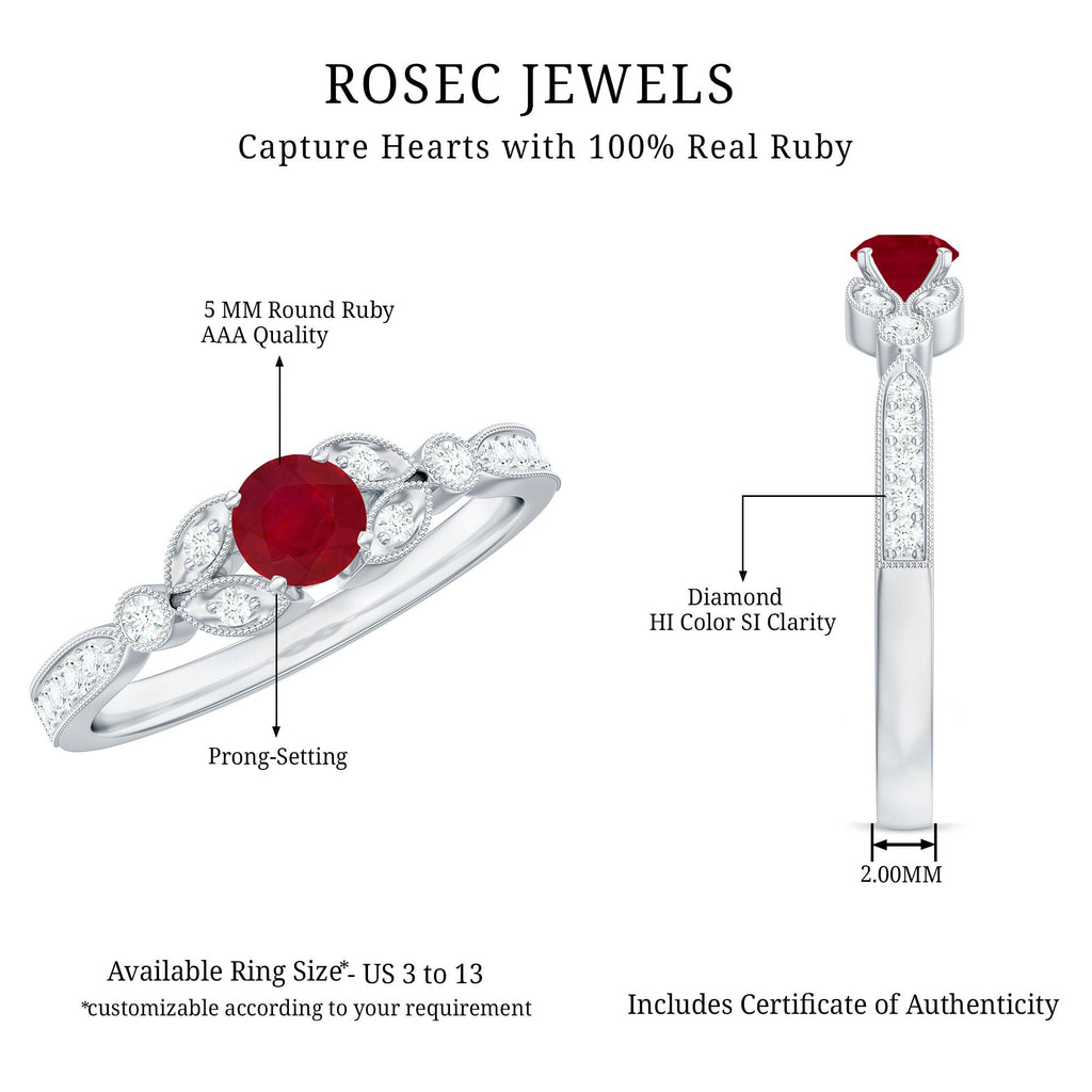 Vintage Inspired Ruby and Diamond Engagement Ring with Milgrain Details