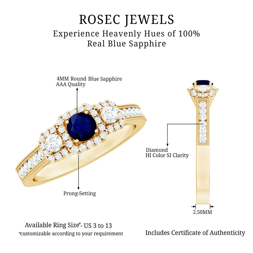 1 CT Vintage Inspired Blue Sapphire Engagement Ring with Diamond