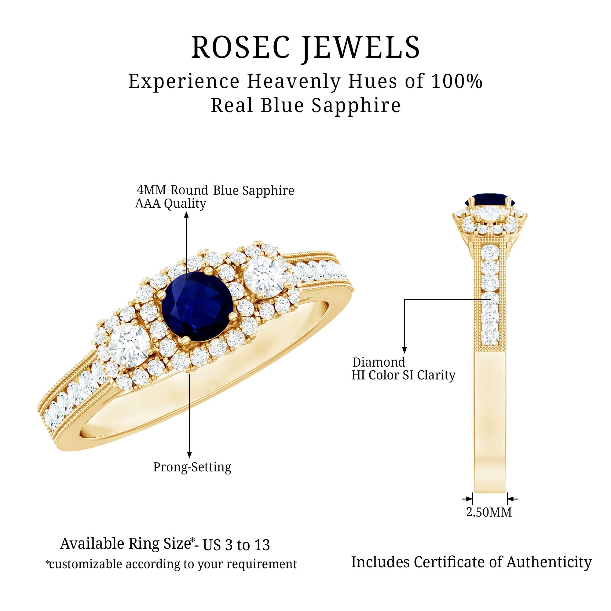 1 CT Vintage Inspired Blue Sapphire Engagement Ring with Diamond