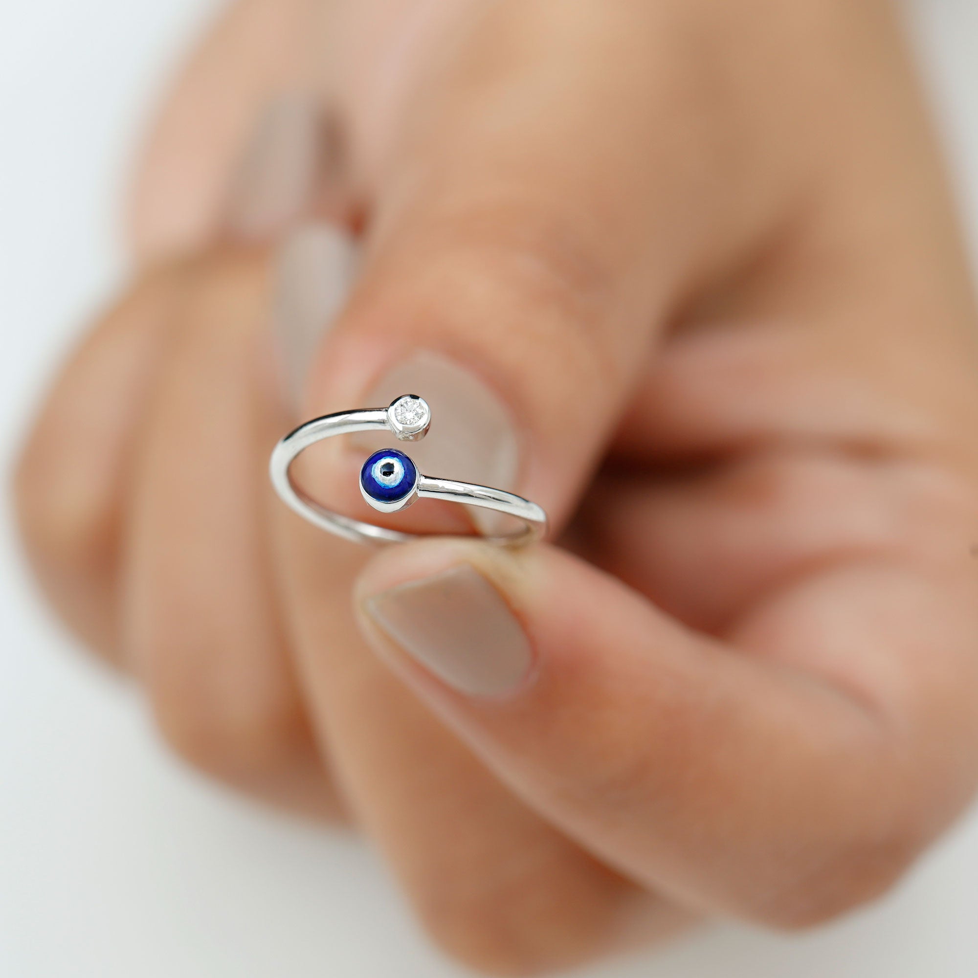 Bezel Set Moissanite and Enameled Evil Eye Ring